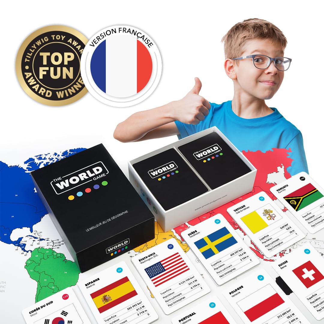 The World Game - Jeu de Géographie avec Carte du Monde - Jeu Société Éducatif pour Enfant, Famille et Adultes - Un Cadeau Parfait pour Garçons et Filles - français