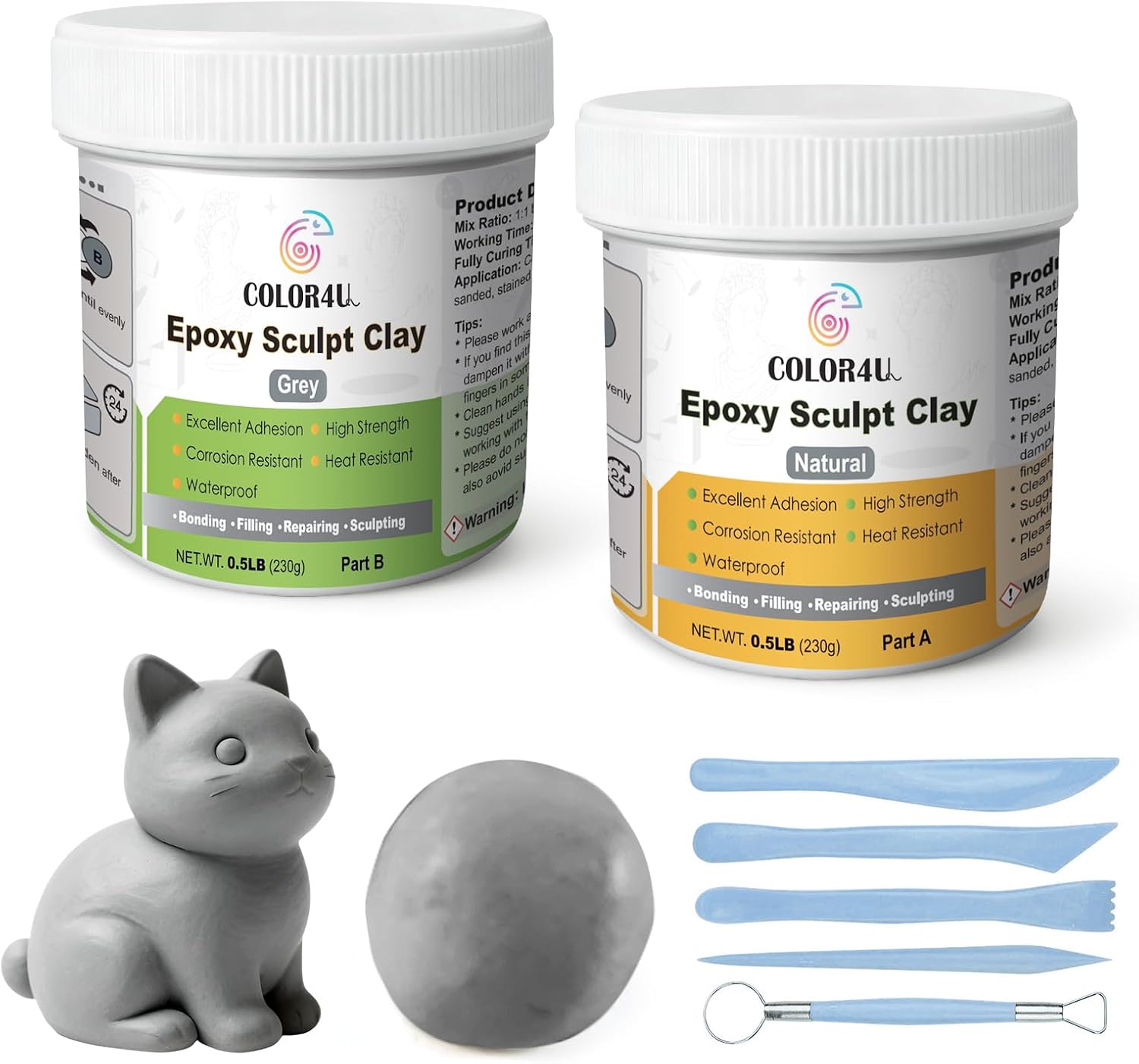 Epoxy Sculpt Clay, 1 Pound Natural Grey Epoxy Putty,2 Part Strong Adhesive & Self-Hardening Modeling CompoundPaste for Sculpting,Reparing,Filling & Bonding