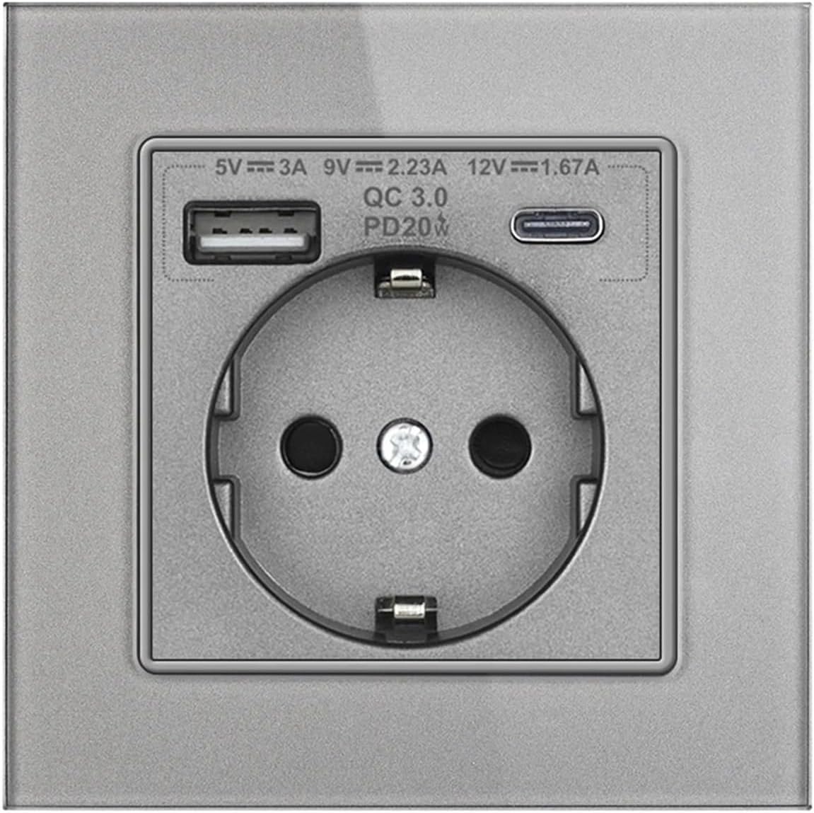 Grey Glass EU German Socket - 220V 16A, USB Switch for Living Room TV and Study PC, 2/3-Gang Wall Outlet Home Office Russia(2C 20w Socket)