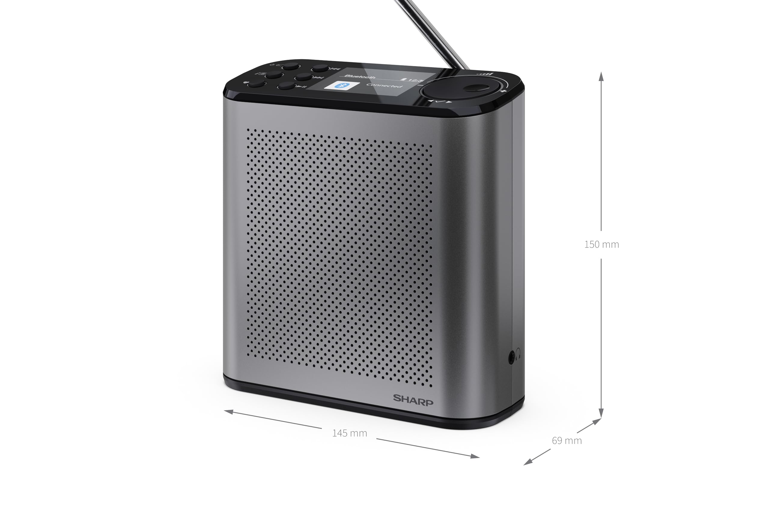 SHARP DR-P530(GY) Przenośne radio cyfrowe Osaka, Dab+, Dab i FM z RDS, Bluetooth 5.3, kolorowym wyświetlaczem 2,4", zasilaniem USB-C lub wbudowaną baterią litową, wbudowanym głośnikiem, złączem