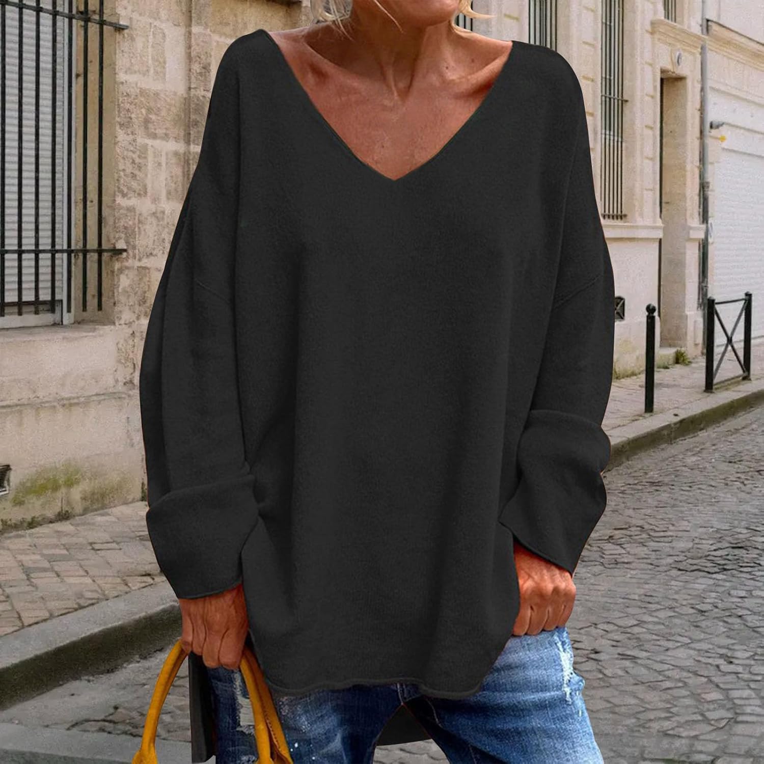Plus Size V-Neck Off The Shoulder Long Sleeve Baggy Sweater for Women Fall Casual Loose Solid Jumper Sweater