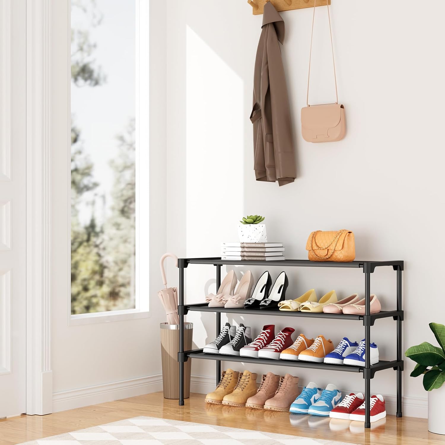 32.3 Widening Design Shoe Rack for Closet 16 Pairs Small Spaces Non-Woven 3 Tier Shoe Organizer Stackable Metal Shoe Shelf for Entryway, Bedroom