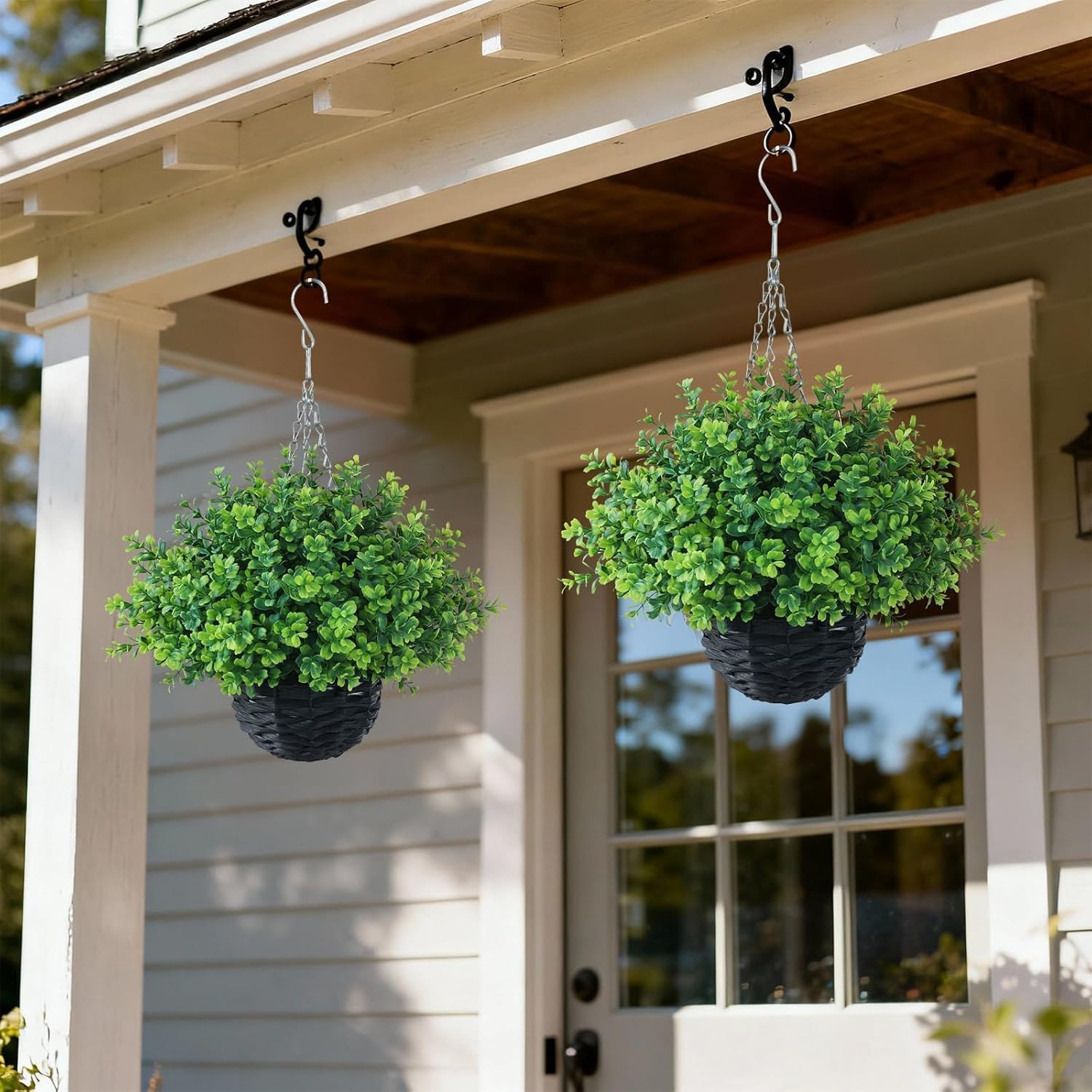 FOTEEWL Artificial Boxwood Hanging Baskets - 2 Sets of Hanging Plant Fake Bushes with Baskets,UV-Resistant Suitable for Outdoor,Porches,Eaves,Farmhouses,Courtyard Decorations