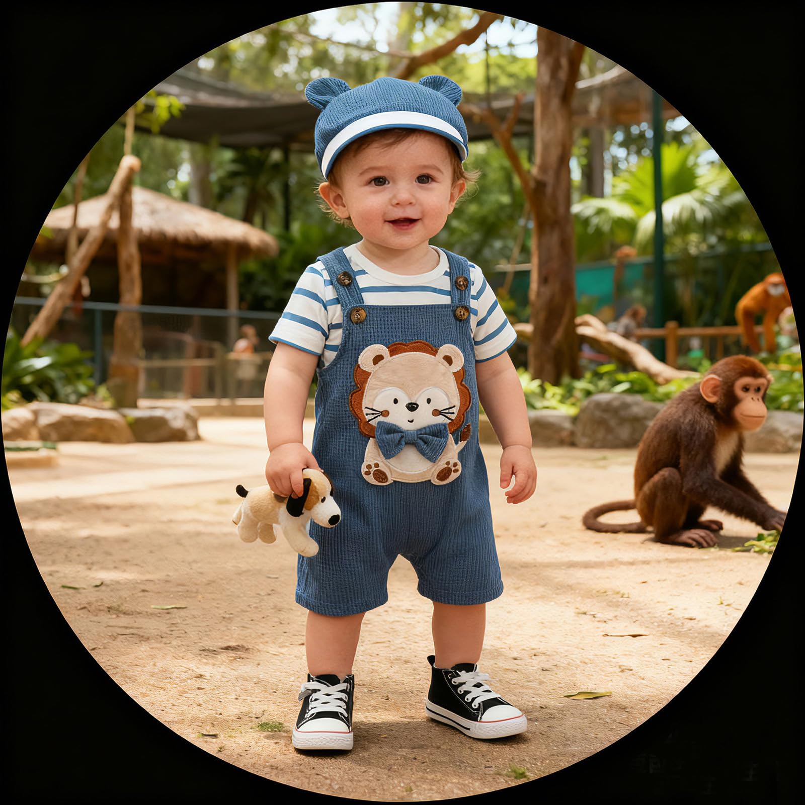 Ropa de Bebé Recién Nacidos Manga Corta a Rayas Mono Top+ Pantalones Cortos con Tirantes y Animales + Sombrero 3 Piezas Verano Conjuntos — view 4