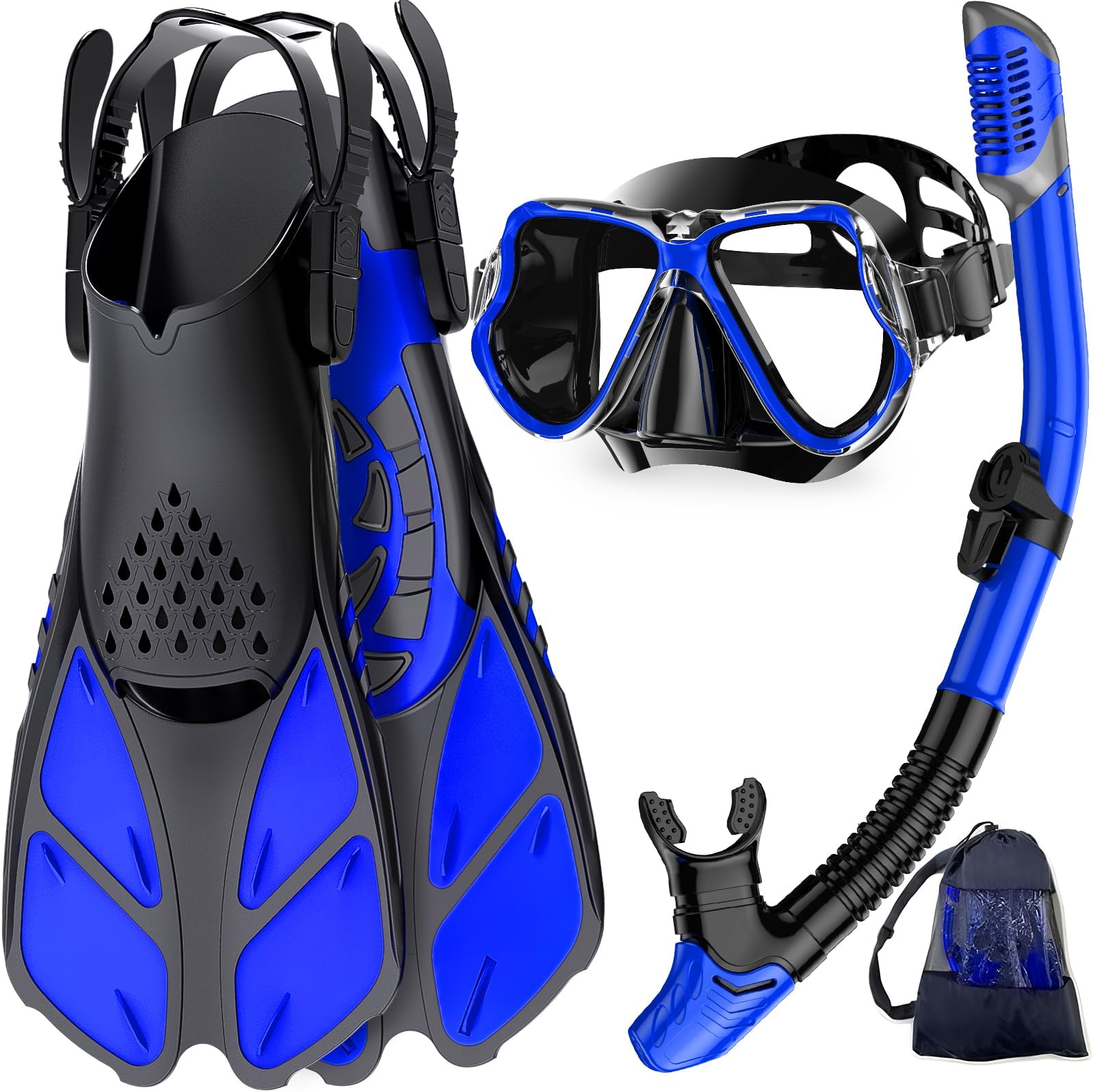 Mask Fins Snorkel Set, Snorkeling Gear for Adults, Panoramic View Snorkel Mask Anti-Fog, Adjustable Dive Flippers, Dry Top Snorkel and Travel Bag, Scuba Gear for Swimming Snorkeling Diving