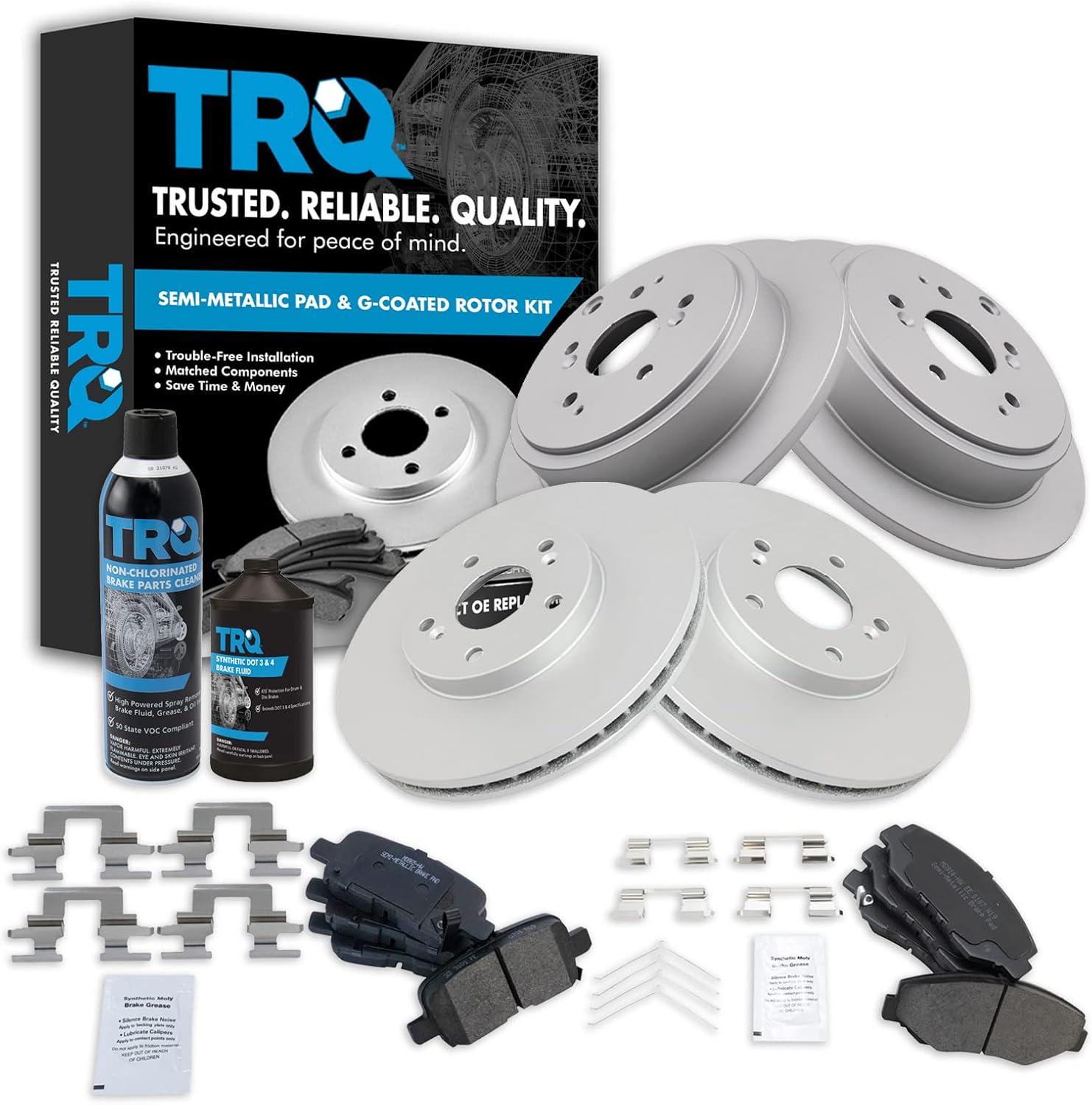 TRQ Front and Rear Brake Pad & Rotor Kit Brake Chemical Kit Brake Pads Brake Rotor Semi-Metallic Premium G-Coated Compatible with 2003-2008 Honda Pilot