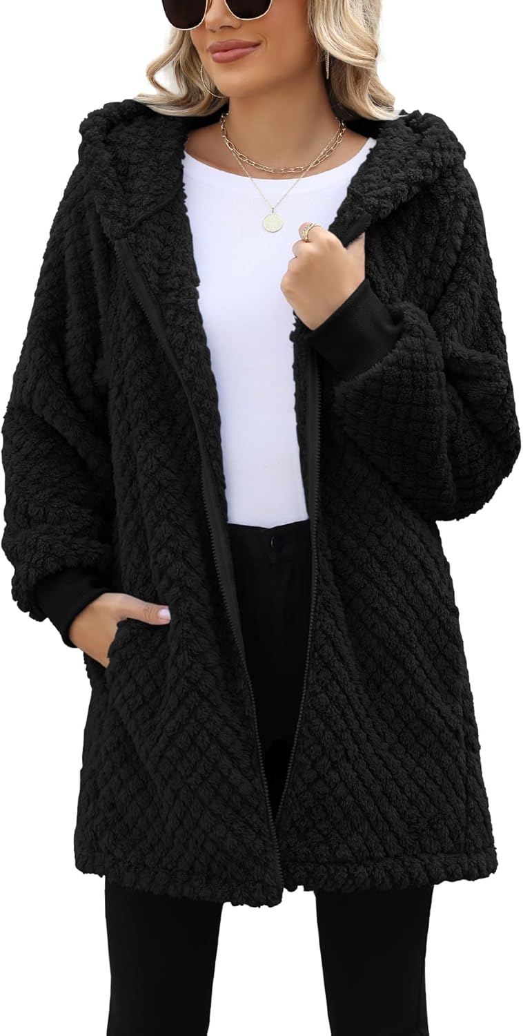 Yanekop Womens Oversized Sherpa Jacket Fuzzy Fleece Zip Up Jacket Warm Winter Coats Faux Fur Coat with Pockets - Image 2