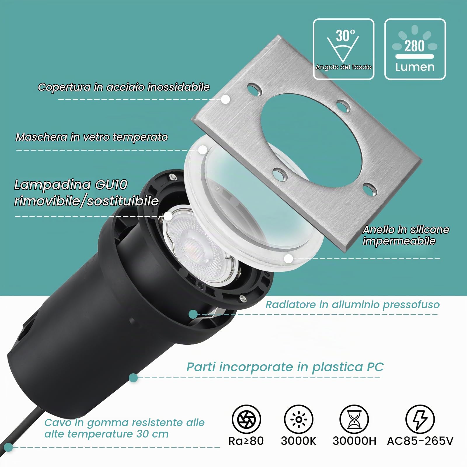 4pcs Segnapasso Led Esterno per Gu10 3w 230v Bianco Caldo 3000k, IP67 Impermeabile Faretti da Incasso per Esterno, Faretto Segnapasso da eEsterno per Esterni, Giardino, Terrazza, Passerell