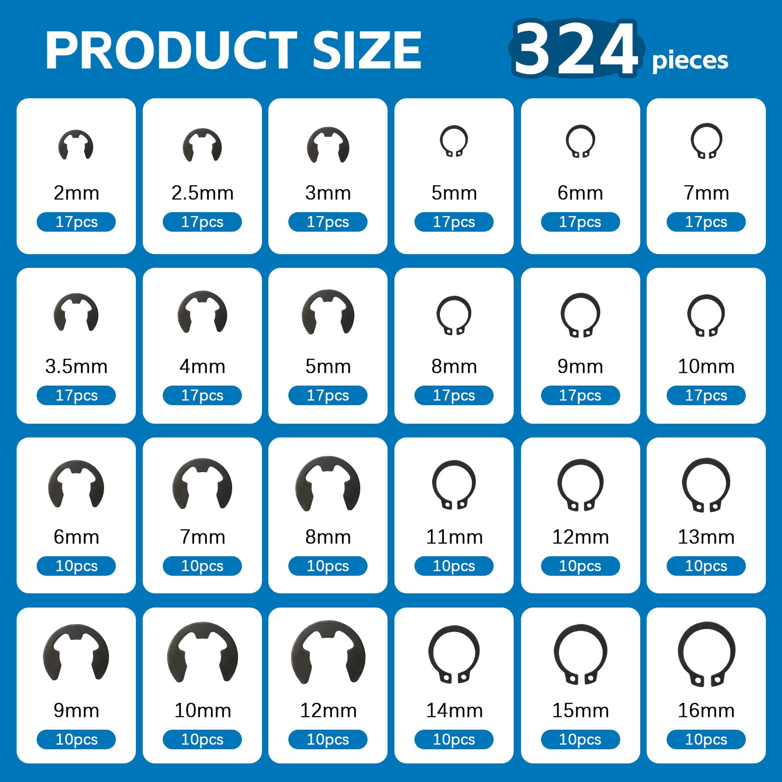 324 Pezzi Anelli di Sicurezza Esterna，C-clips anelli di sicurezza，E-clips Anelli Elastici，Rondelle di Sicurezza, Scatto Esterna E-clip Anello Seeger di Sicurezza，per Fissaggio di Cuscinetti，Ingranaggi