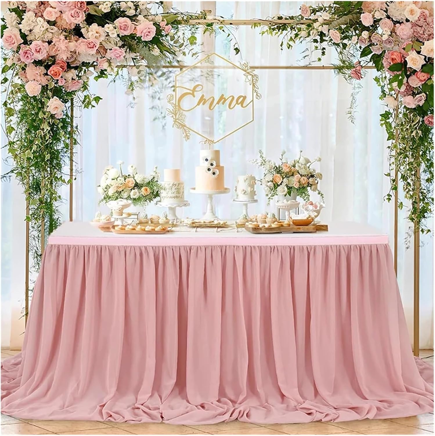 Party Table Skirt 1 Pink Chiffon Table Skirt Rectangle/Round Tables Sheer Tablecloth for Shower Birthday Party Wedding(1Pc Pink,70X426cm)
