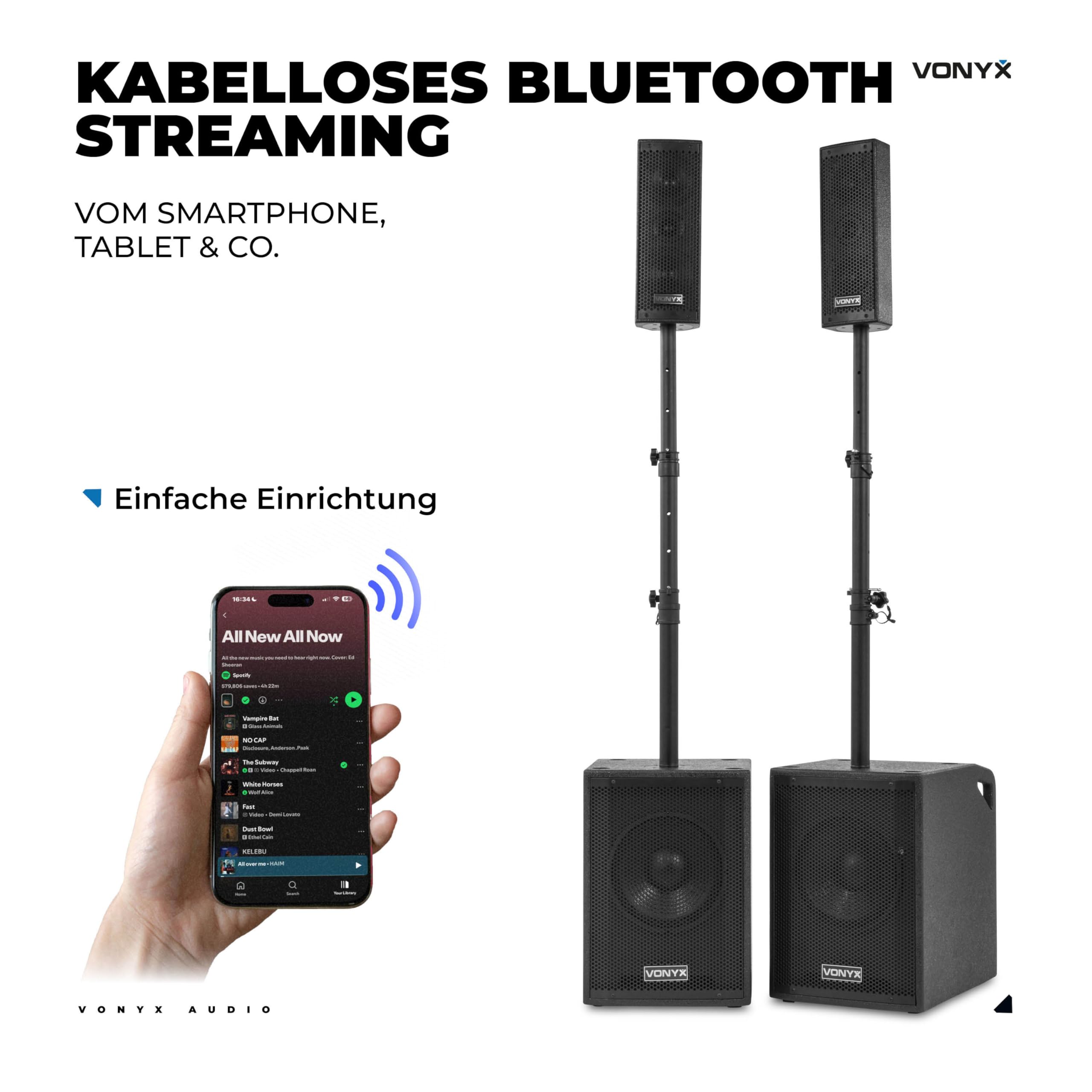 Vonyx VX1020BT - PA Anlage Komplettset 2.2-1050 Watt DJ Set, Musikanlage Bluetooth, 2X 10 Subwoofer, Topteile, Mikrofon, Trolley & Stative – Aktive PA Lautsprecher für Party & Karaoke