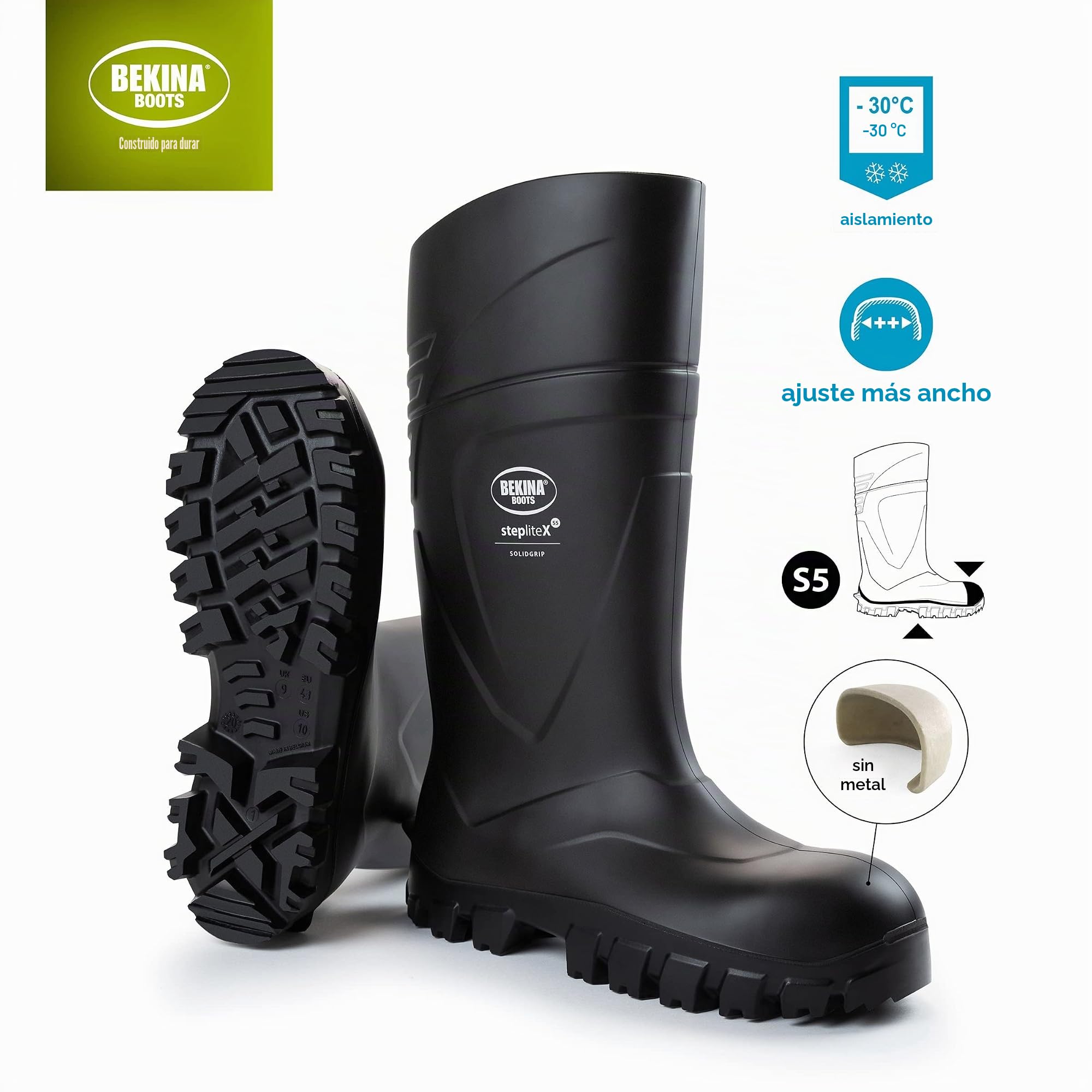 Bekina Robusta Bota de Seguridad para Hombres, Puntera de Acero y Suelo de Alta Seguridad, Plantilla ergonómica, Ligera, Antideslizante, Confortable, Negro, EU 39