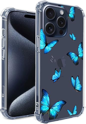Hi Space Funda para iPhone 15 Pro de 6.1 pulgadas 2023, diseño de mariposas azules transparentes para iPhone 15 Pro para mujeres y niñas, patrón de