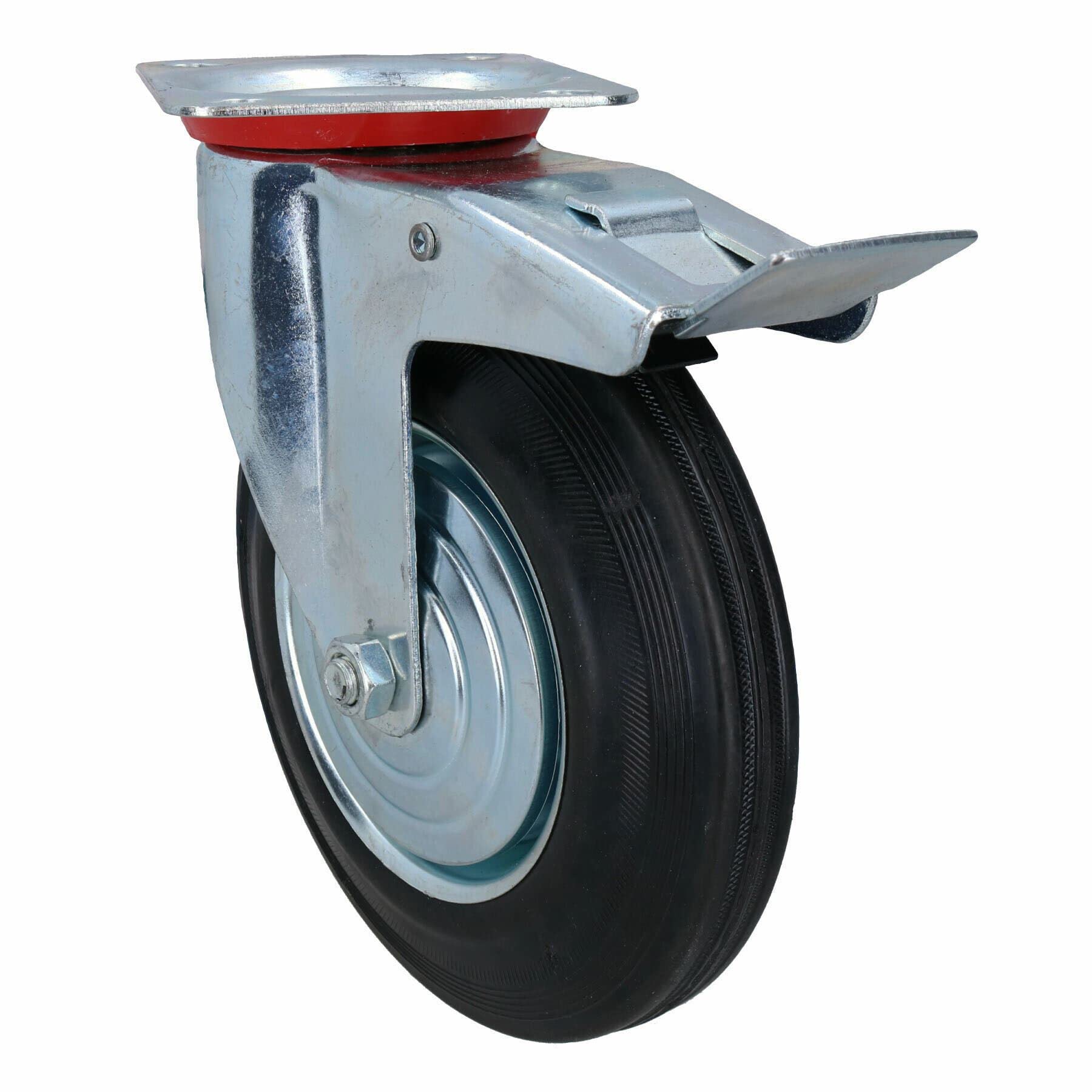 200mm (8in) HD Braked Castor Wheel Rubber Tyre for Trolleys Trucks Carts 1pc