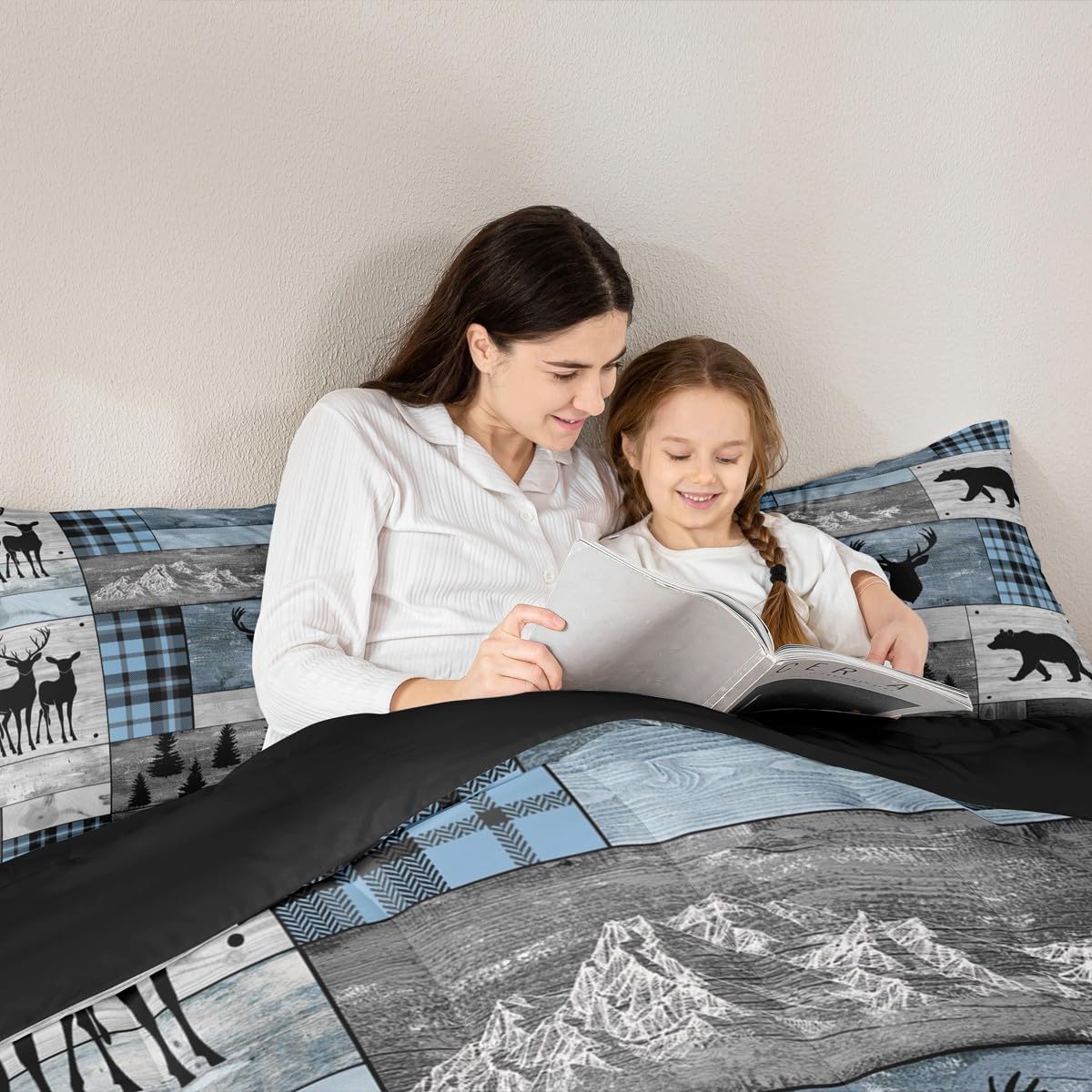 Erosebridal Deer Bear Bedding Set, Woodland Animal Comforter Set Full, Rustic Farmhouse Quilt Cabin Lodge Decor, Vintage Wildlife Plaid Patchwork Duvet Insert Deer Gifts for Kids, Blue Grey Black