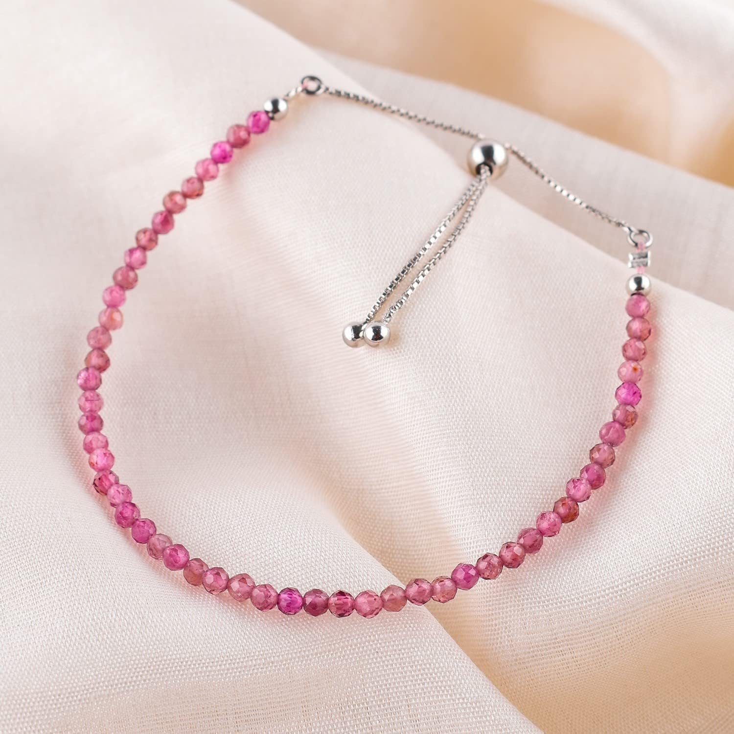 OdrillionGems Natural Pink Tourmaline Gemstones Bolo Bracelet, Micro-Faceted Beads, Healing Crystals, 925 Sterling Silver, Birthstones, Handmade, Women Jewelry, Adjustable Slider, Valentine Gifts, 10"