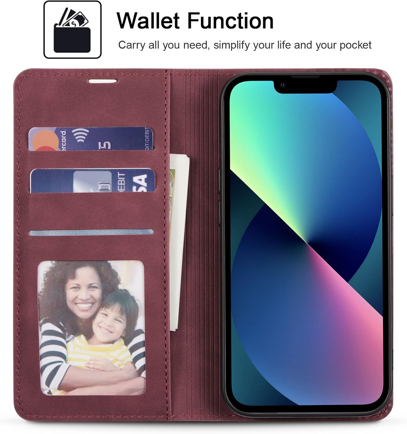 QLTYPRI Case for iPhone 13, Premium PU Leather Cover TPU Bumper with Card Holder Kickstand Hidden Magnetic Adsorption Flip Wallet Case for iPhone 13(6.1 inch) - Wine Red