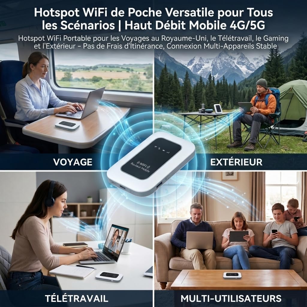 Routeur 5G Portable WiFi 6 avec Slot SIM Déverrouillé – Modem 5G Carte SIM, Internet Mobile Haut Débit 5G/4G+, Débit Ultra Rapide 300 Mbps, Jusqu’à 28 Appareils, Idéal pour Voyage & Télétravail