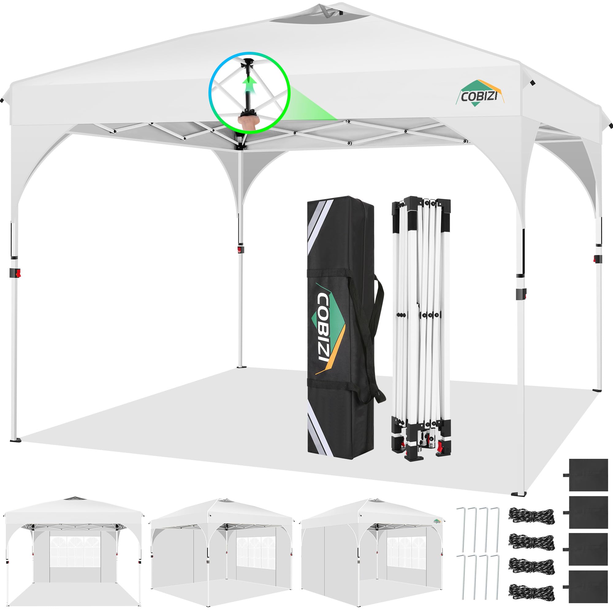 Cobizi Tonnelle Pliante 3x3 Imperméable Tonnelle De Jardin Exterieur,3 Panneaux Latéraux,Tonnelle Pliante Imperméable,Convient pour Le Camping, Les Festivals, Barnum avec 4 Sacs,Sable，Blanc