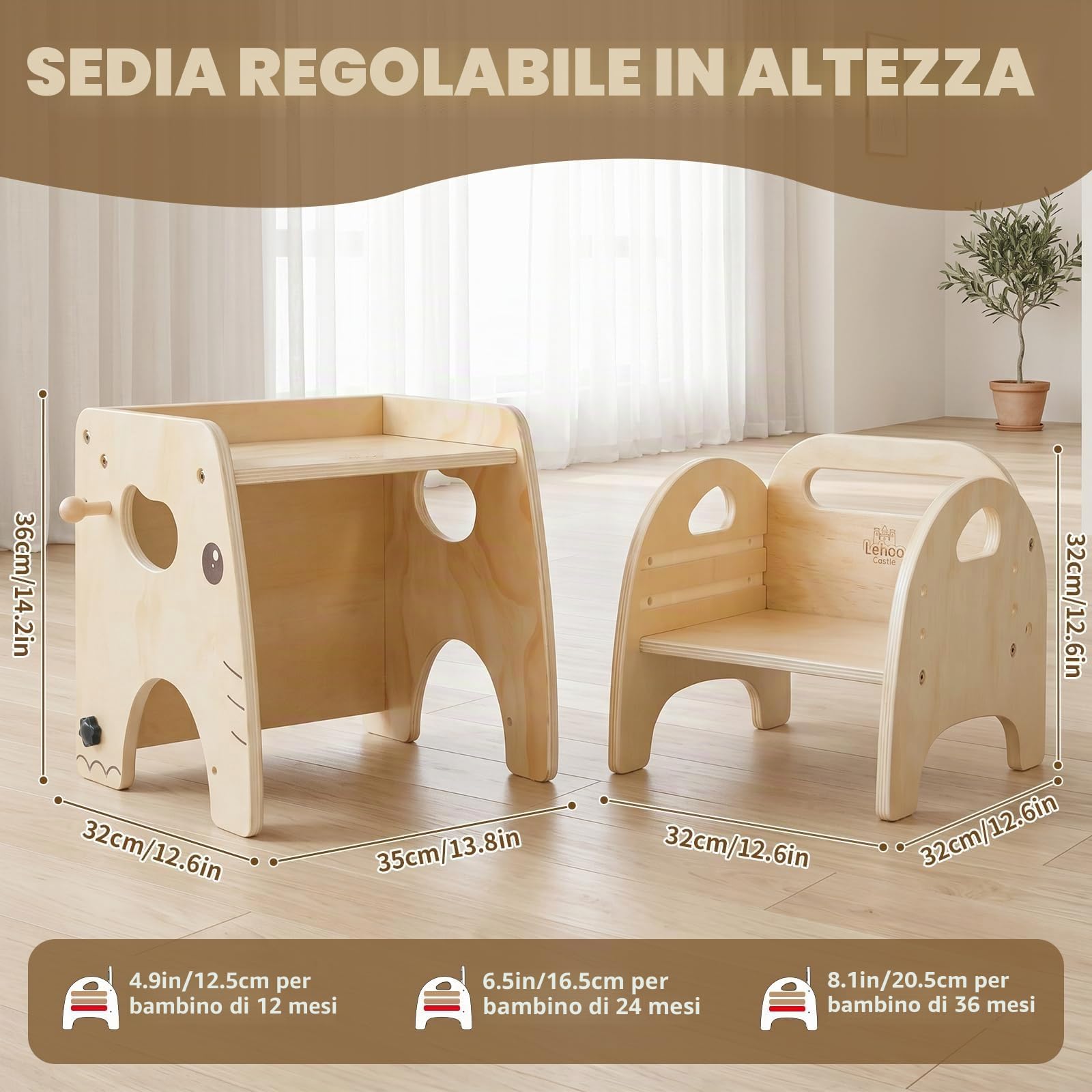 Lehoo Castle Set tavolo e sedia per lo svezzamento Montessori per bambini da 1 a 3 anni | Altezza regolabile, mobili in legno per attività del bambino, auto-alimentazione, disegno, apprendimento e gioco