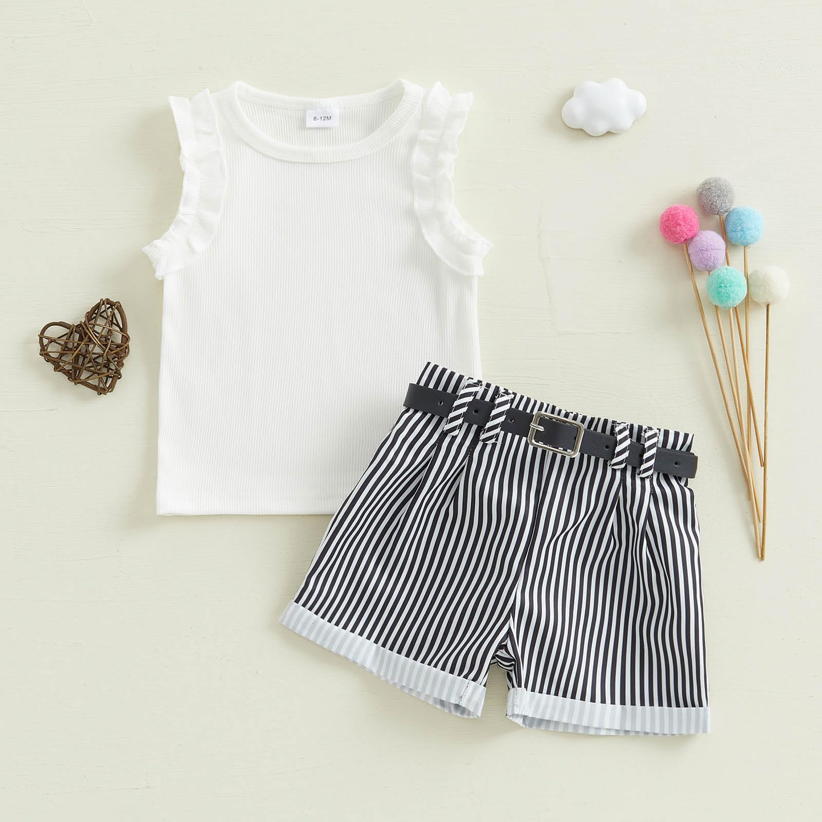 TheFound Toddler Baby Girl Summer Outfits Sleeveless Ruffle Tank Top Striped Shorts Newborn Baby Clothes 6 12 18 24 Months 2T (White, 12-18 Months)