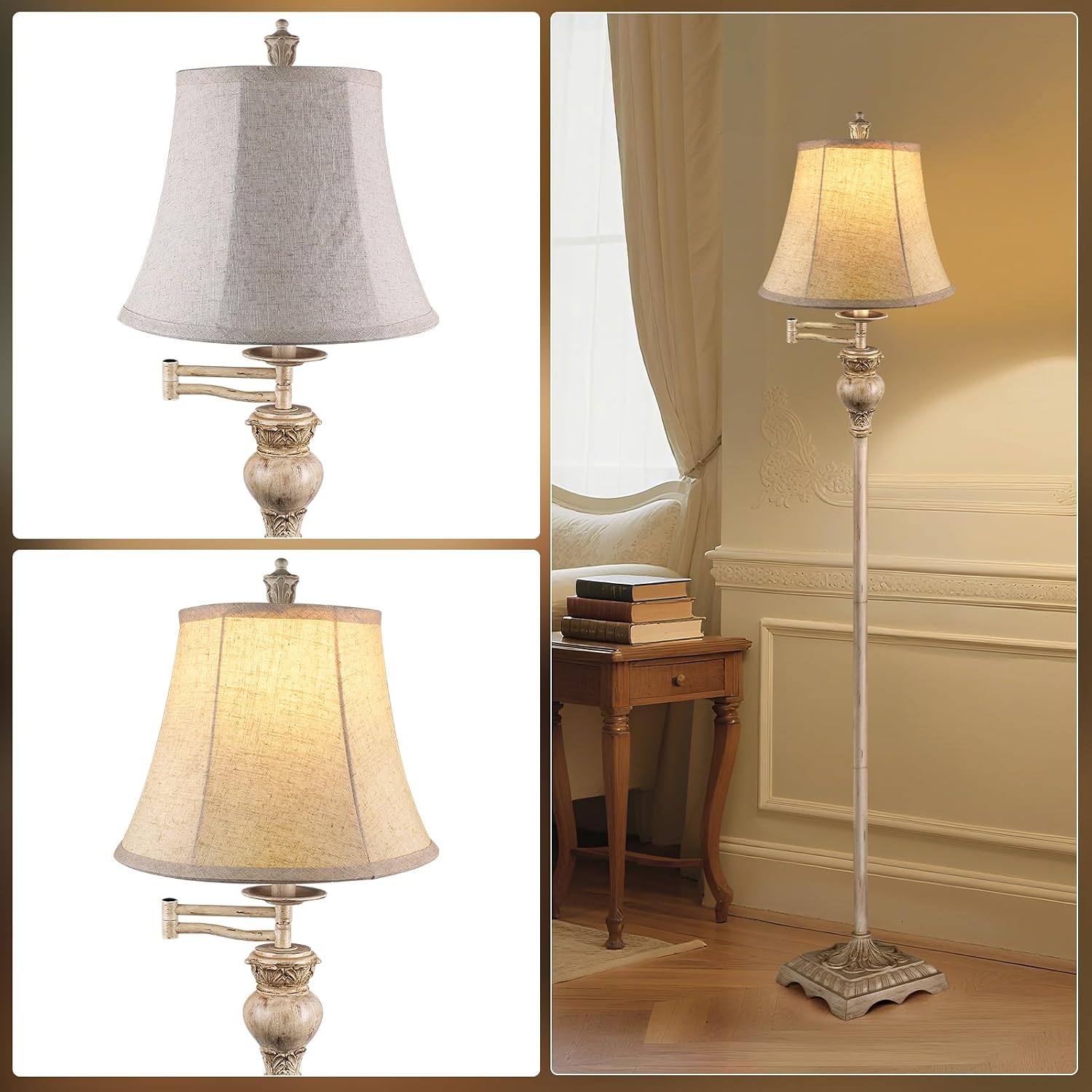 PARTPHONER Vintage Floor Lamps for Living Room,Traditional 350° Adjustable Swing Arm Farmhouse Floor Lamp for Bedroom, Rustic Standing Lamp Pole Lamps for Reading, Home Décor and Office, White