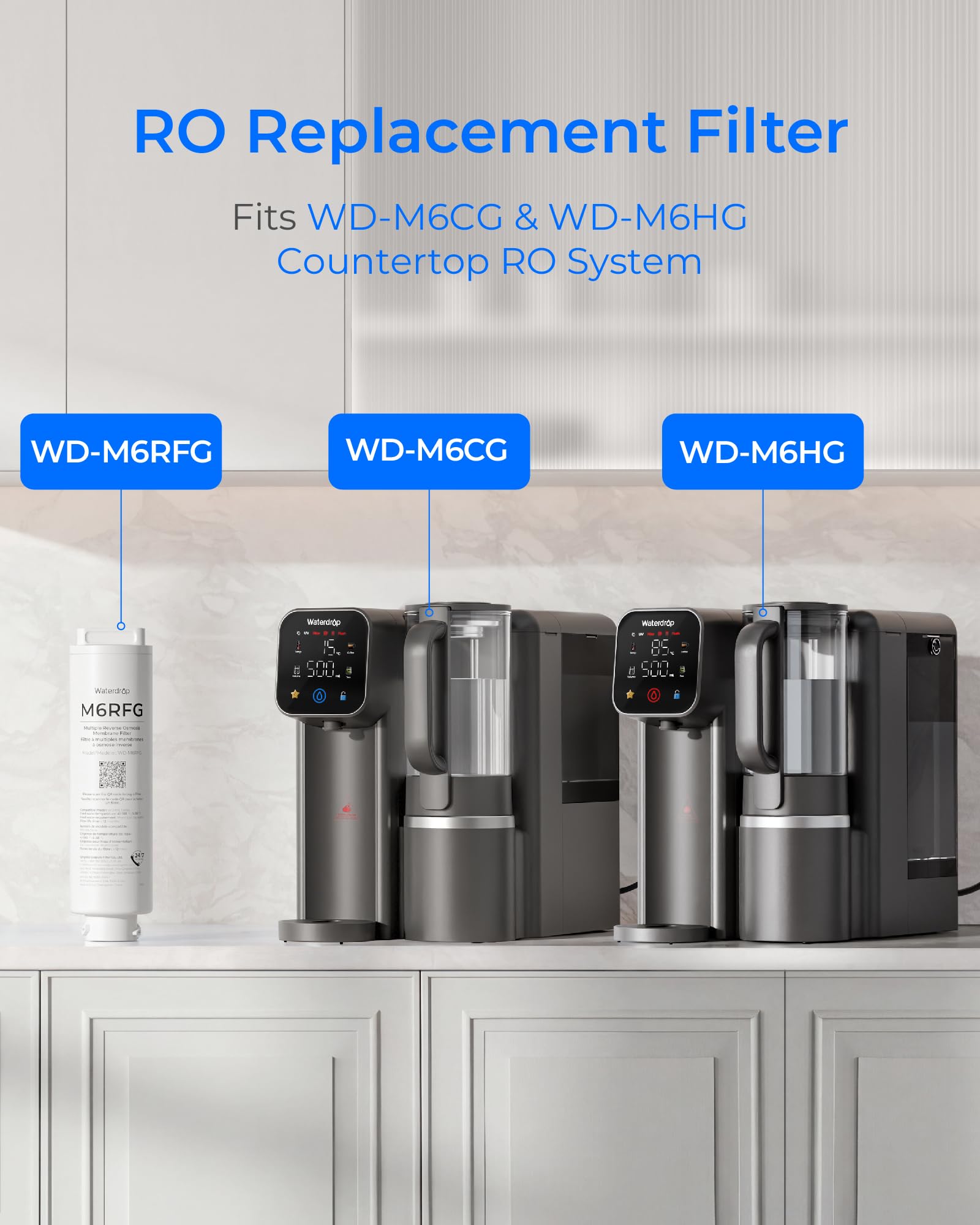 Waterdrop M6HG Mineralien Sofort-Heiß Auftisch Osmoseanlage, Glaskaraffe
