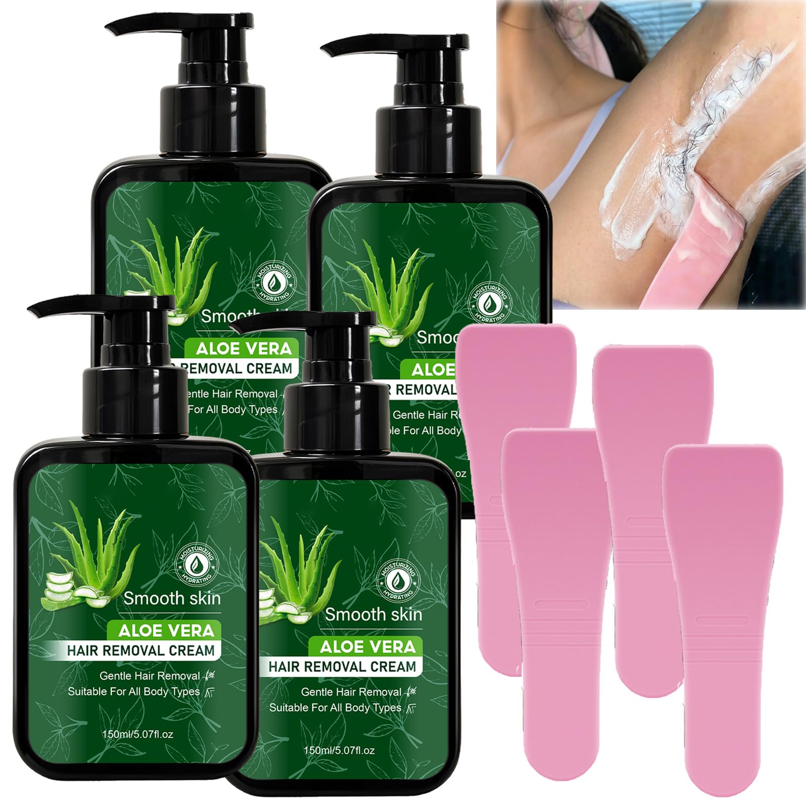 Łagodny krem do depilacji Aloe Vera, kojący i bezbolesny krem do depilacji, depilacja w okolicach bikini, pomaga zmniejszyć odrastanie włosów w czasie, nawilża i koi skórę (4 sztuki)