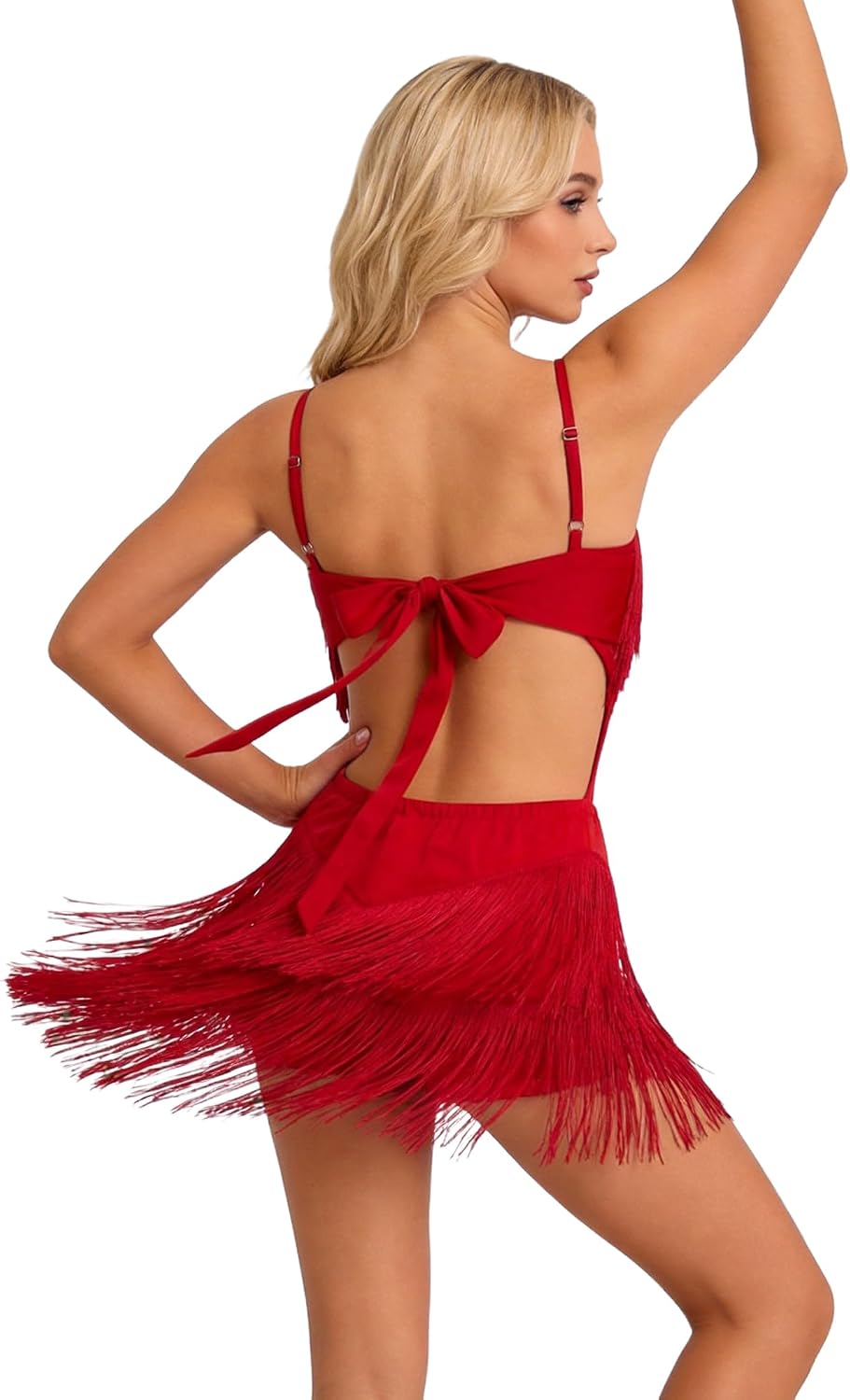 ODIZLI Women's Fringe Rhinestone Latin Dance Dress Leotard- Adjustable Spaghetti Straps V Neck Tie Back Salsa Ballroom Dance