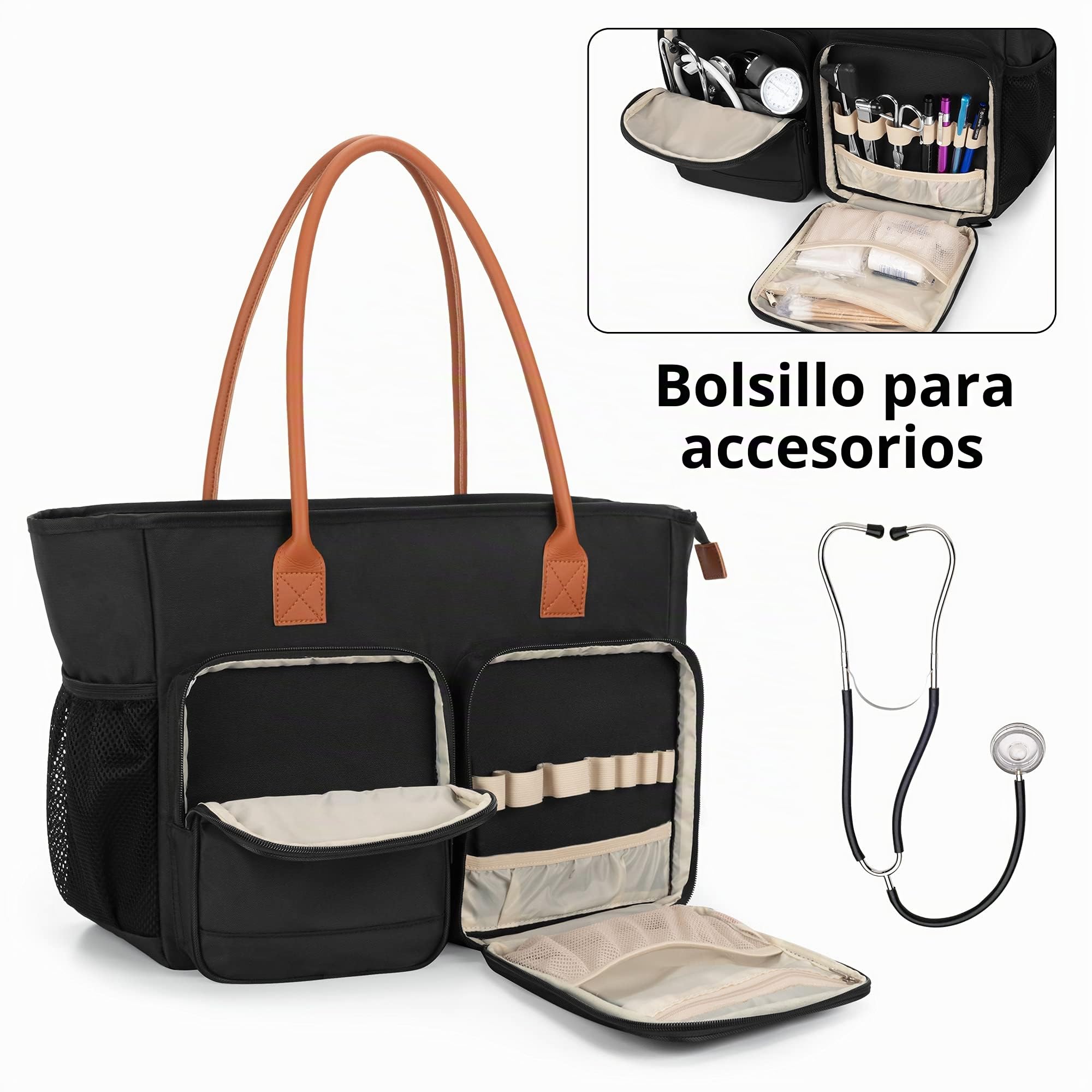 CURMIO Bolsa de Mano para Enfermera, Bolsa Médica Portátil con Funda Acolchada para Laptop, para Trabajo de Enfermería, Visitas al Hogar, Servicio de salud, Negro