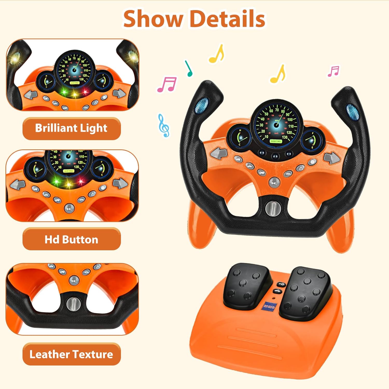 RedCrab Steering Wheels with Brake and Gas Pedals Toy for Kids,Pretend Driving Seat Toys with Light and Music,Simulated Driving for Toddlers,Baby Electric Early Learning Educational Toys (Orange)