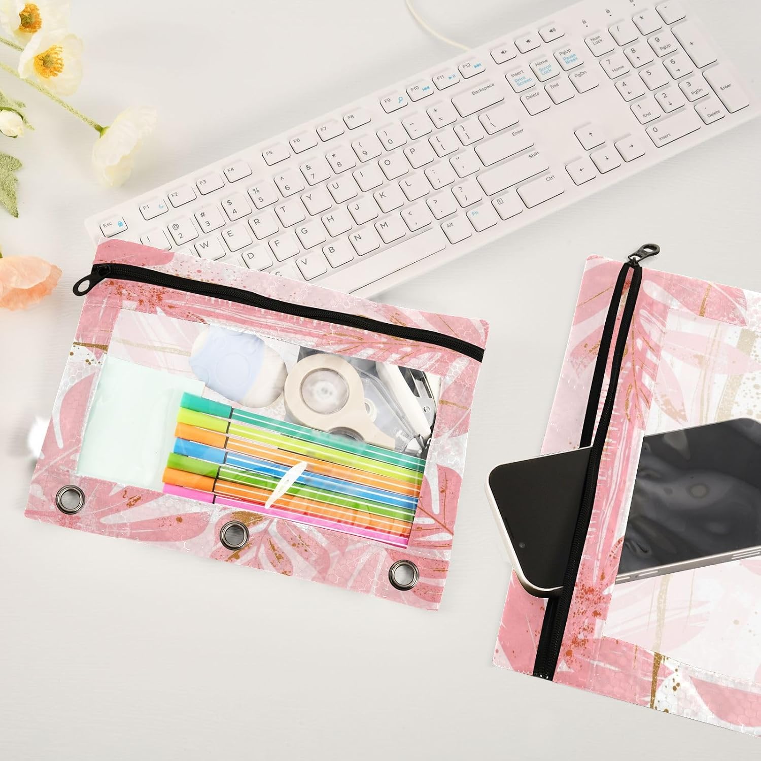 Kcldeci 3 Ring Binder Pouch, Tropical Worn Floral Pastel Pink Blue Gold R 2 Pack Binder Pencil Pouch with Clear Window Pencil Bags with Zipper Pencil Case for Binder image 4
