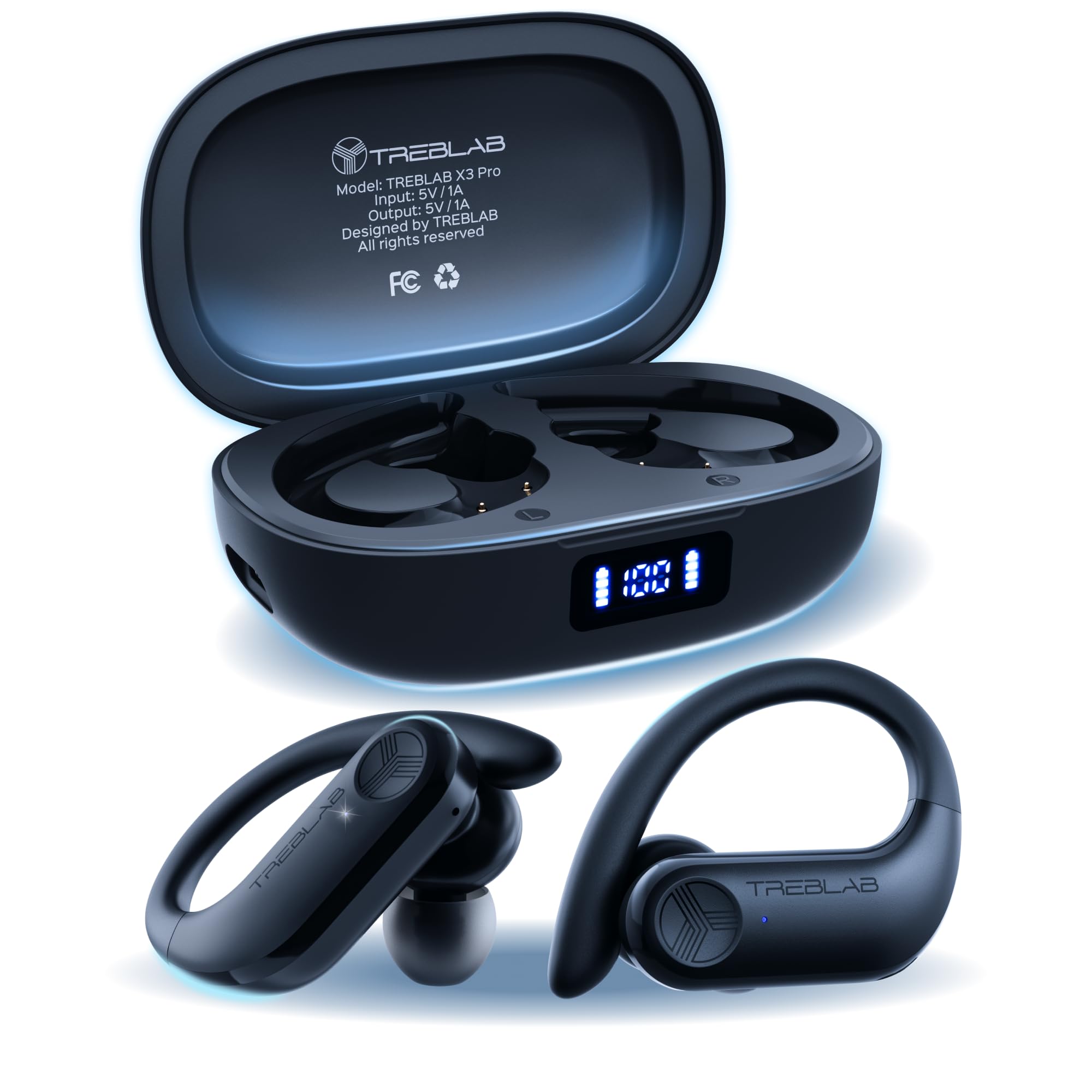 TREBLAB X3 Pro - Sports Wireless Ear Buds Bluetooth - Comfortable Workout Headphones with Secure Ear Hooks, 9H Long Battery Life, IPX5 Sweatproof Earphones, Noise Isolation Over Ear Earbuds