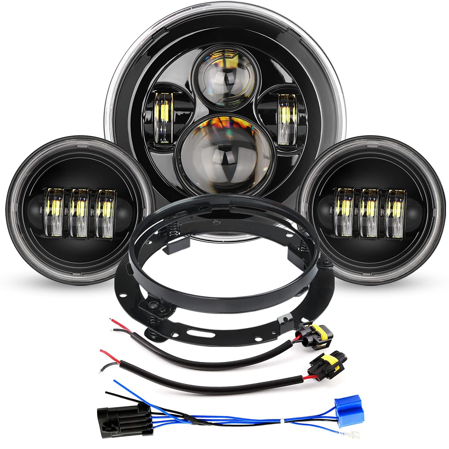 7 inch LED Headlight Fog Passing Lights DOT Kit Mounting Ring Motorcycle for Harley Davidson Touring Road King Ultra Classic Electra Street Glide Tri Cvo Heritage Fatboy Softail Slim Deluxe Black