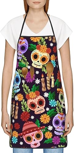 Miniatura 31 de Delantal de calavera de azúcar, delantales de cocina para hombres y mujeres, delantal de cocina, delantal de chef, delantales de jardín ajustables