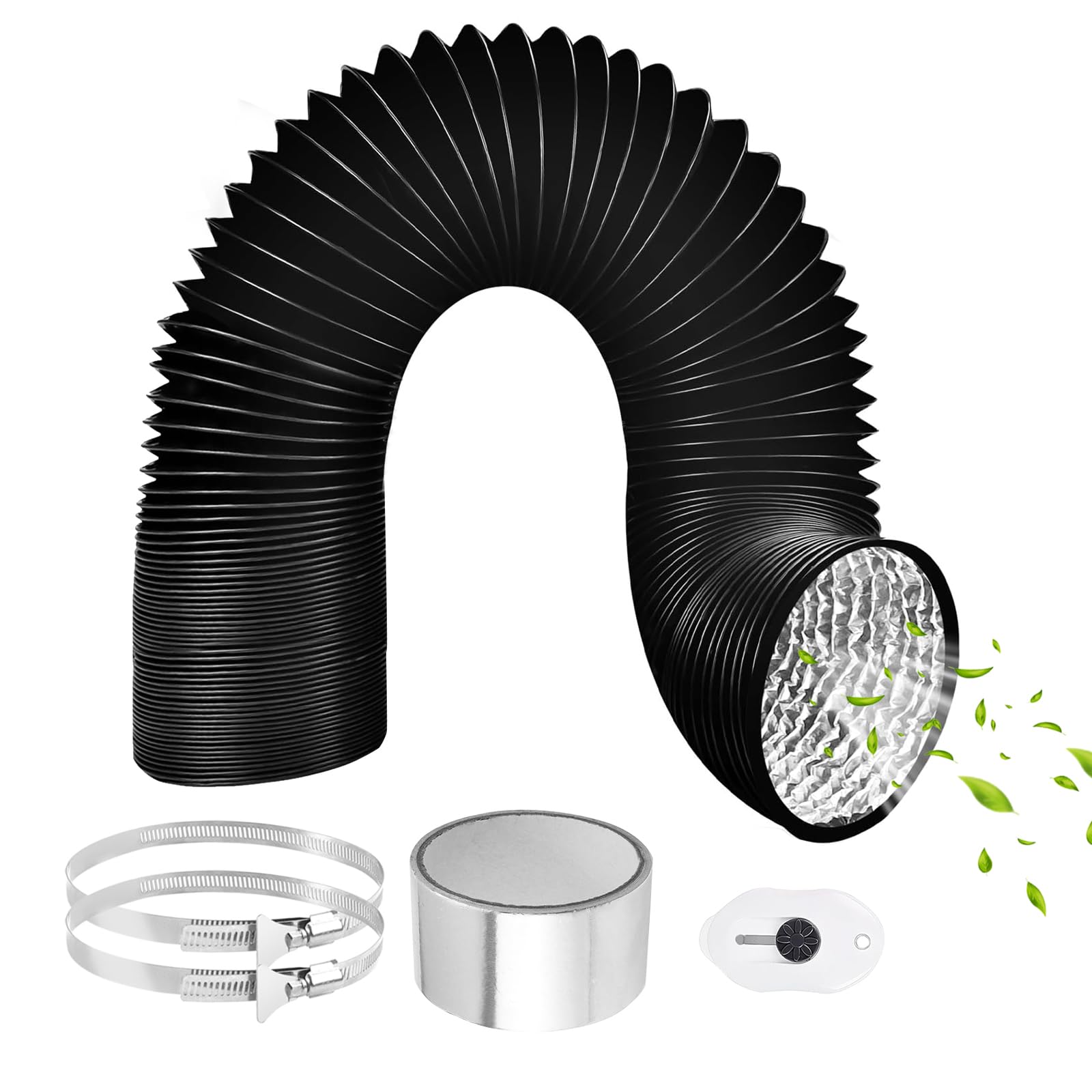 Abluftschlauch 150mm Länge 3m PVC Flexibel Alurohr Schlauch Aluminium Aluflexschlauch mit 2 Schlauchschelle Edelstahl für Klimaanlagen Mobile Klimaanlage Wäschetrockner Abzugshaube(Schwarz)