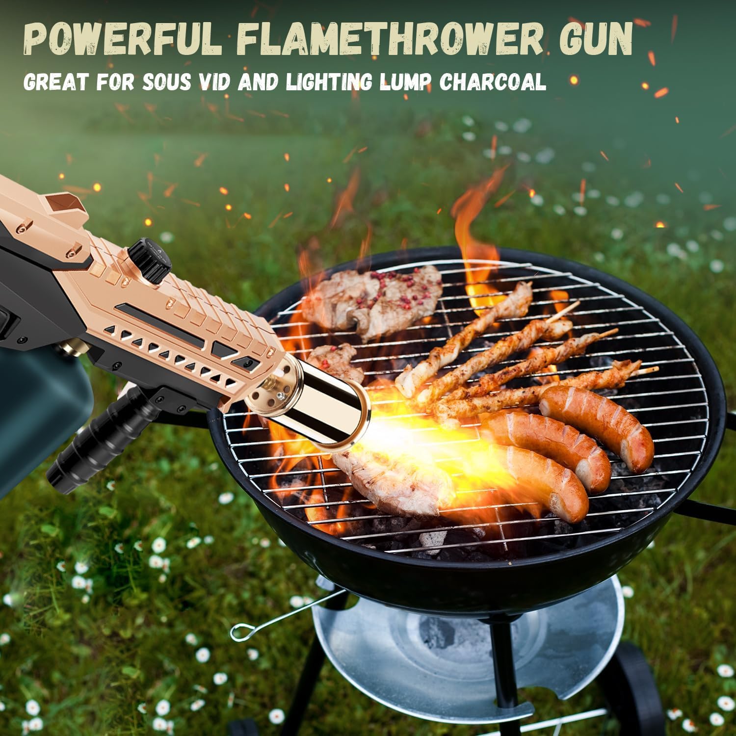 Potente pistola de propano, antorcha de cocina con llama ajustable, soplete de soplete para barbacoa, fogata, filete abrasador, camping (tanque de propano no incluido) (dorado)
