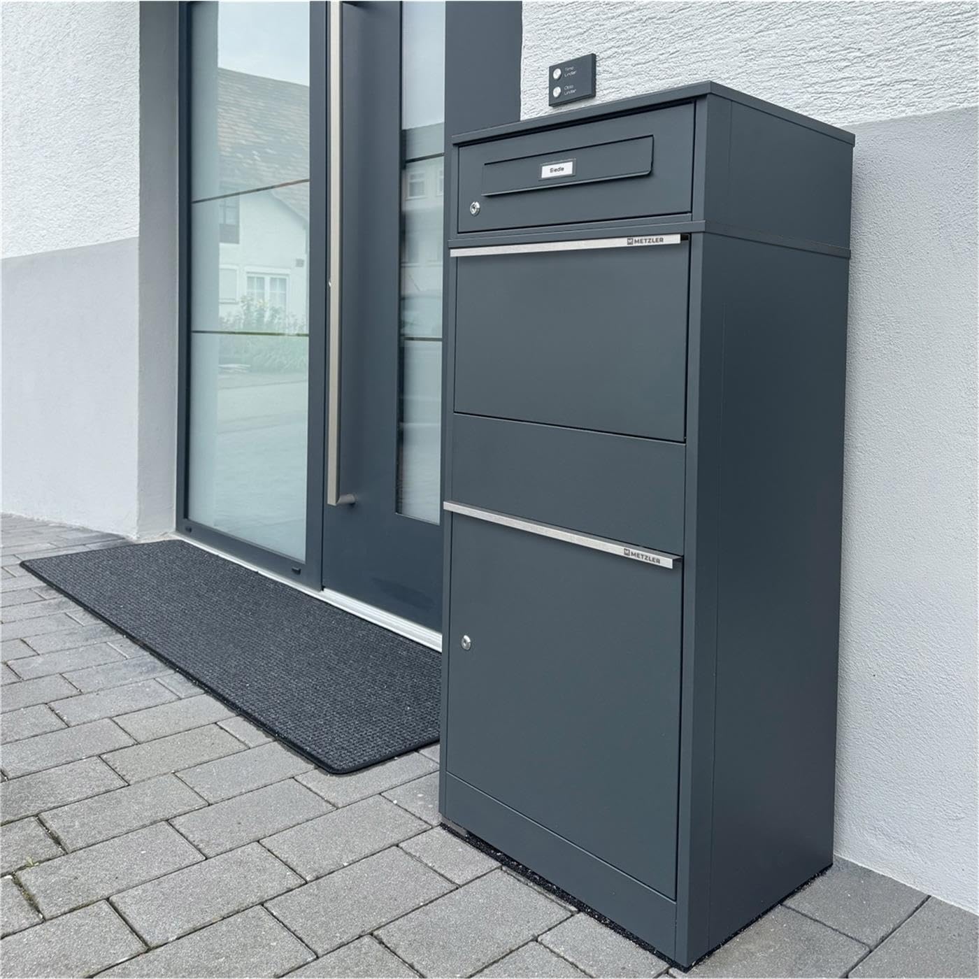 Metzler® boîte à Colis et Lettres avec Plaque de nom Interchangeable et Double Compartiment, Anthracite RAL7016, Acier thermolaqué résistant aux intempéries, Montage Facile, Bispo RE