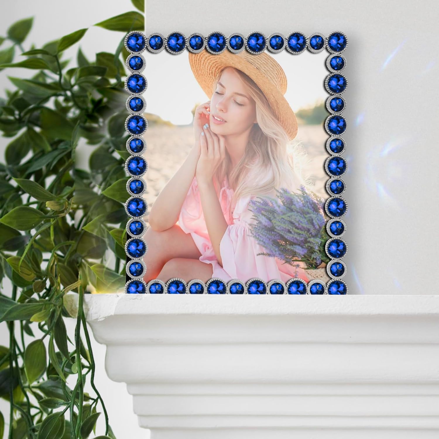 LARAINE Picture Photo Frame 8x10 Rhinestones Metal High Definition Glass Display Pictures for Tabletop Crystal Home Decorative Holiday Gift (Blue, 8x10)