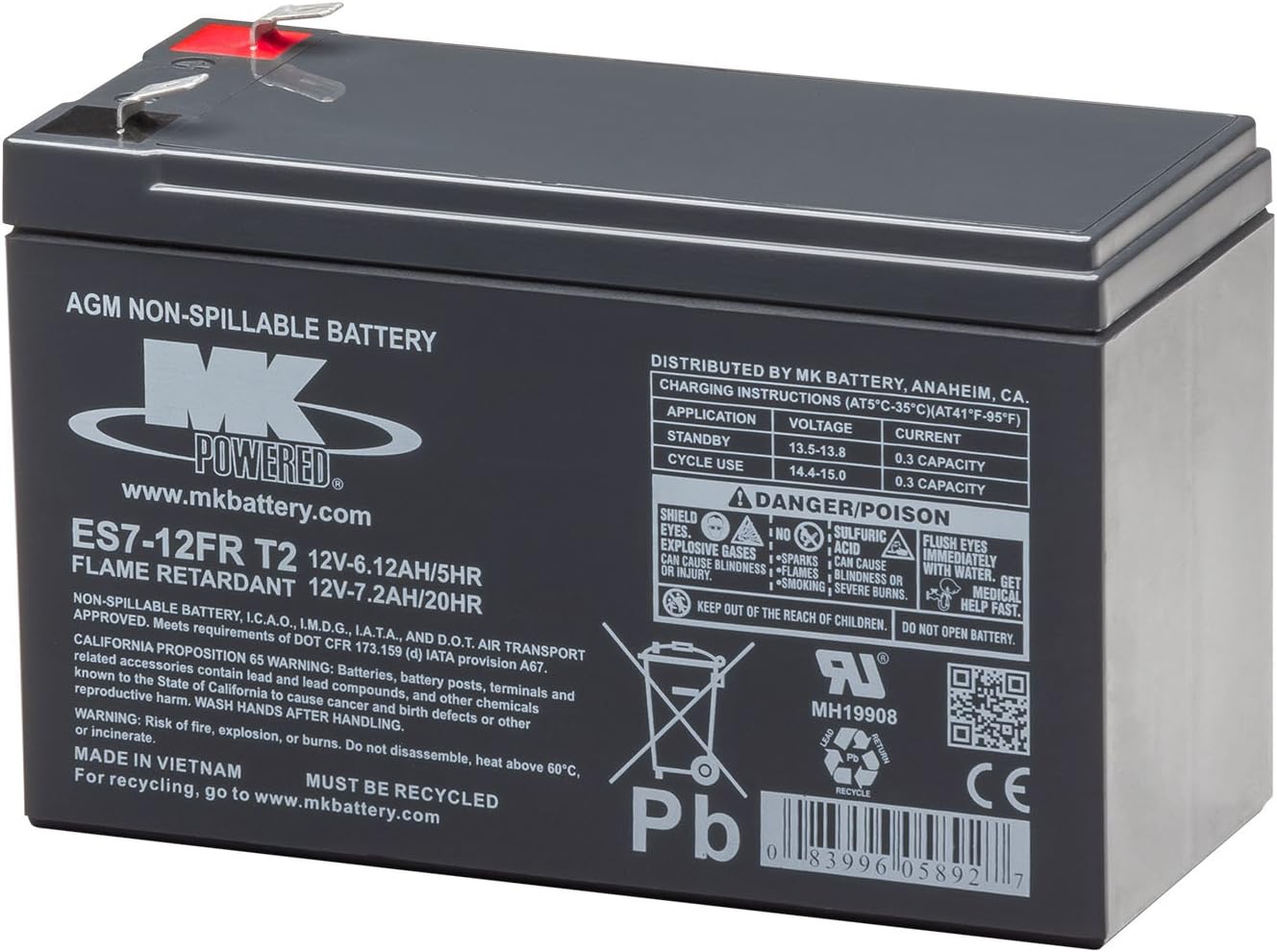 MK Battery ES7-12FR T2 12 Volts 7.2AH Maintenance-Free Rechargeable Flame Retardant Sealed Lead-Acid Battery with F2 Terminals