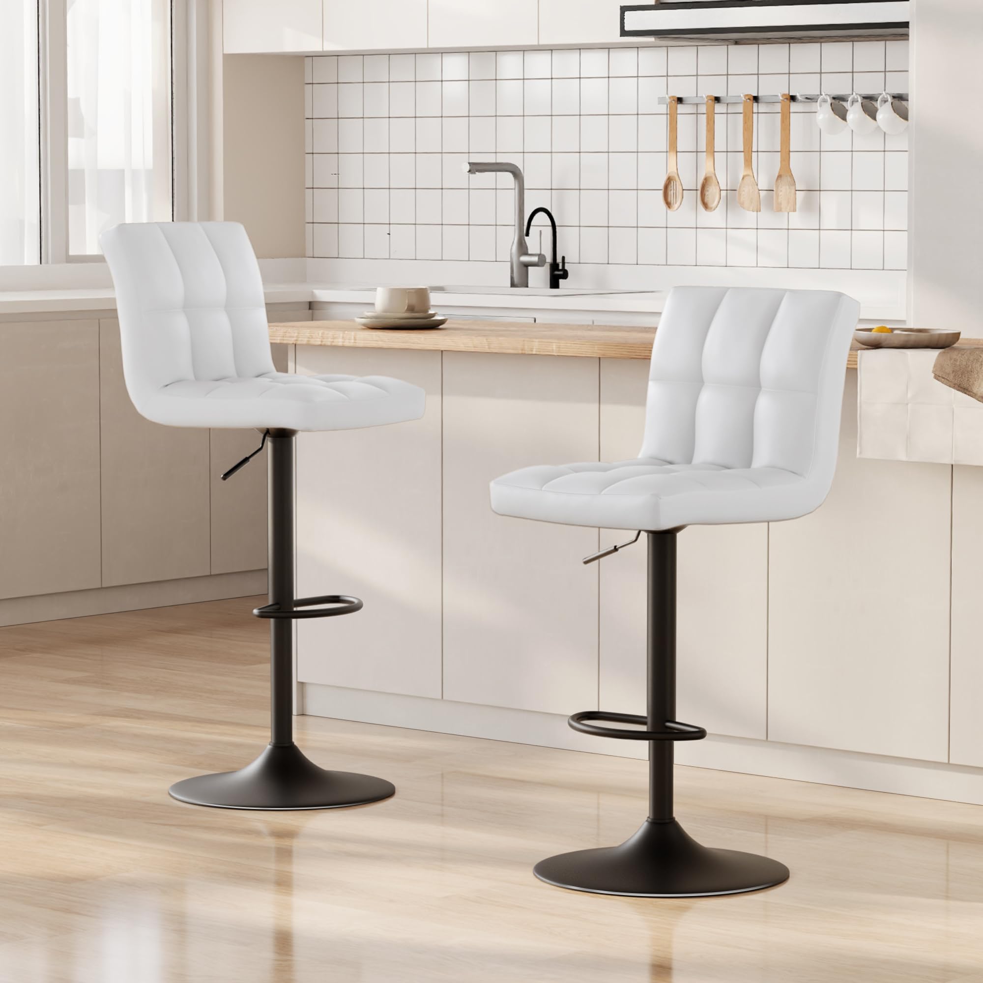 bigzzia Lote de 2 taburetes de Bar giratorios en Cuero sintético Ajustables en Altura con Respaldo para desayunador, mostrador, Cocina y hogar - Blanco