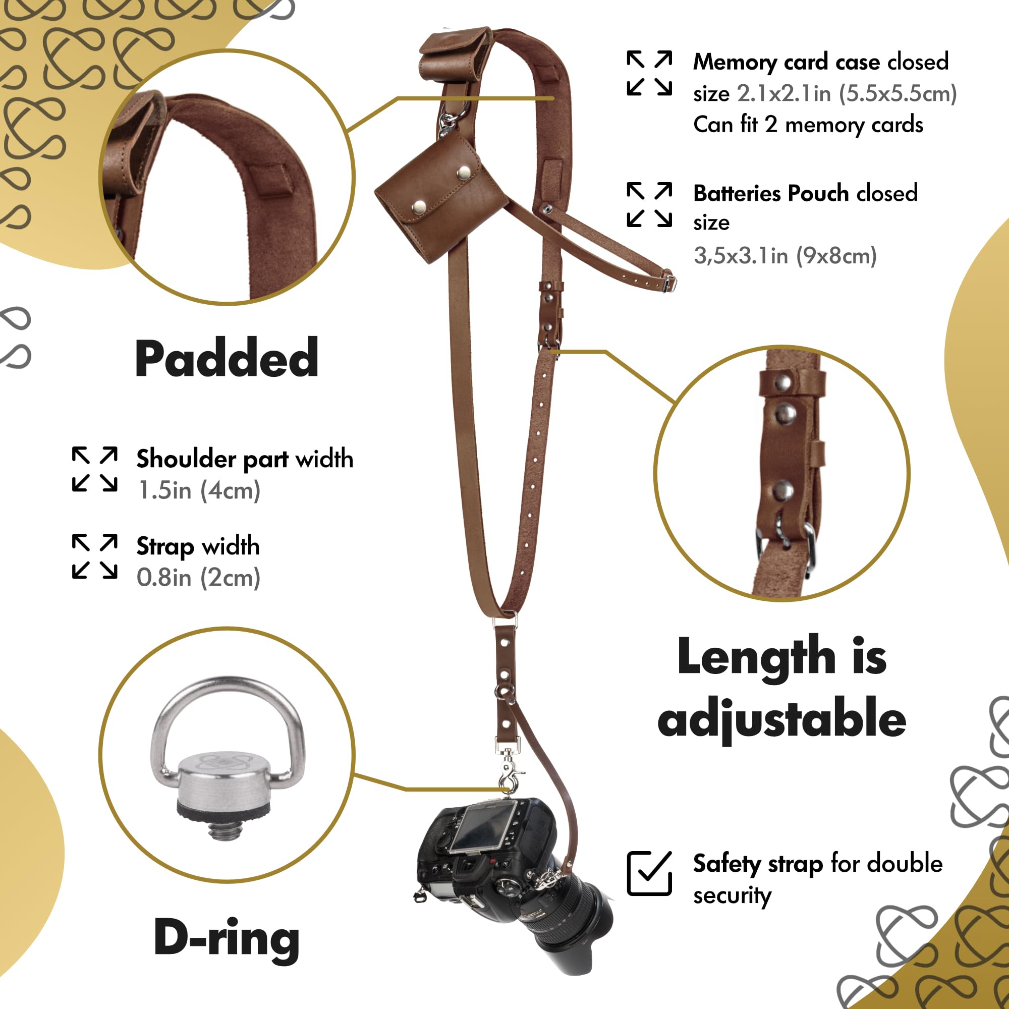 Leather Camera Strap for One Camera - Professional Single Leather Harness Shoulder Strap with Sd Card Holder & Battery Holder, Quick Release Gear for DSLR/SLR, Brown