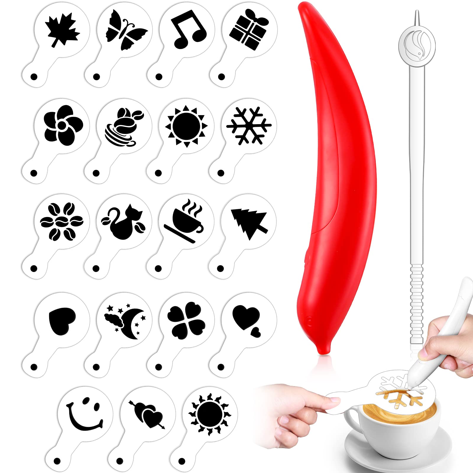 CHENGU Coffee Carving Pen Portable Electric Latte Art Pen Spice Pen with Stirring, 19 Pieces Coffee Cake Decorating Stencils, Cake Coffee Cappuccino Decoration Pen for Barista Template (Red)