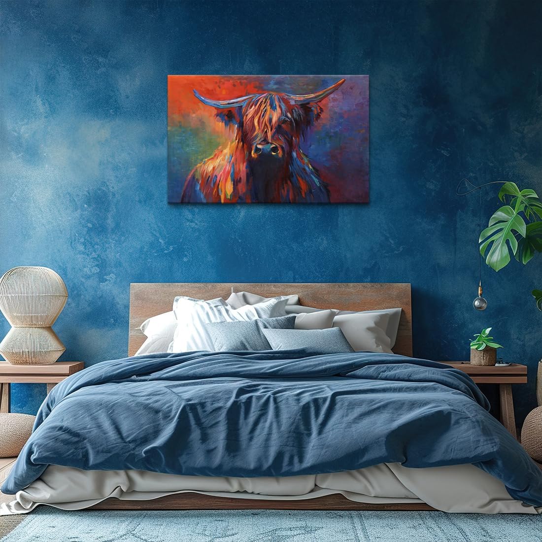 Farm Cow Canvas Wall Art Colorful Animal Graffiti Highland Cow Poster Oil Painting Canvas Print Street Art Farmhouse Cattle Modern Artwork Living Bedroom Home Office Decor-44''Wx28''H 28"Hx44"W