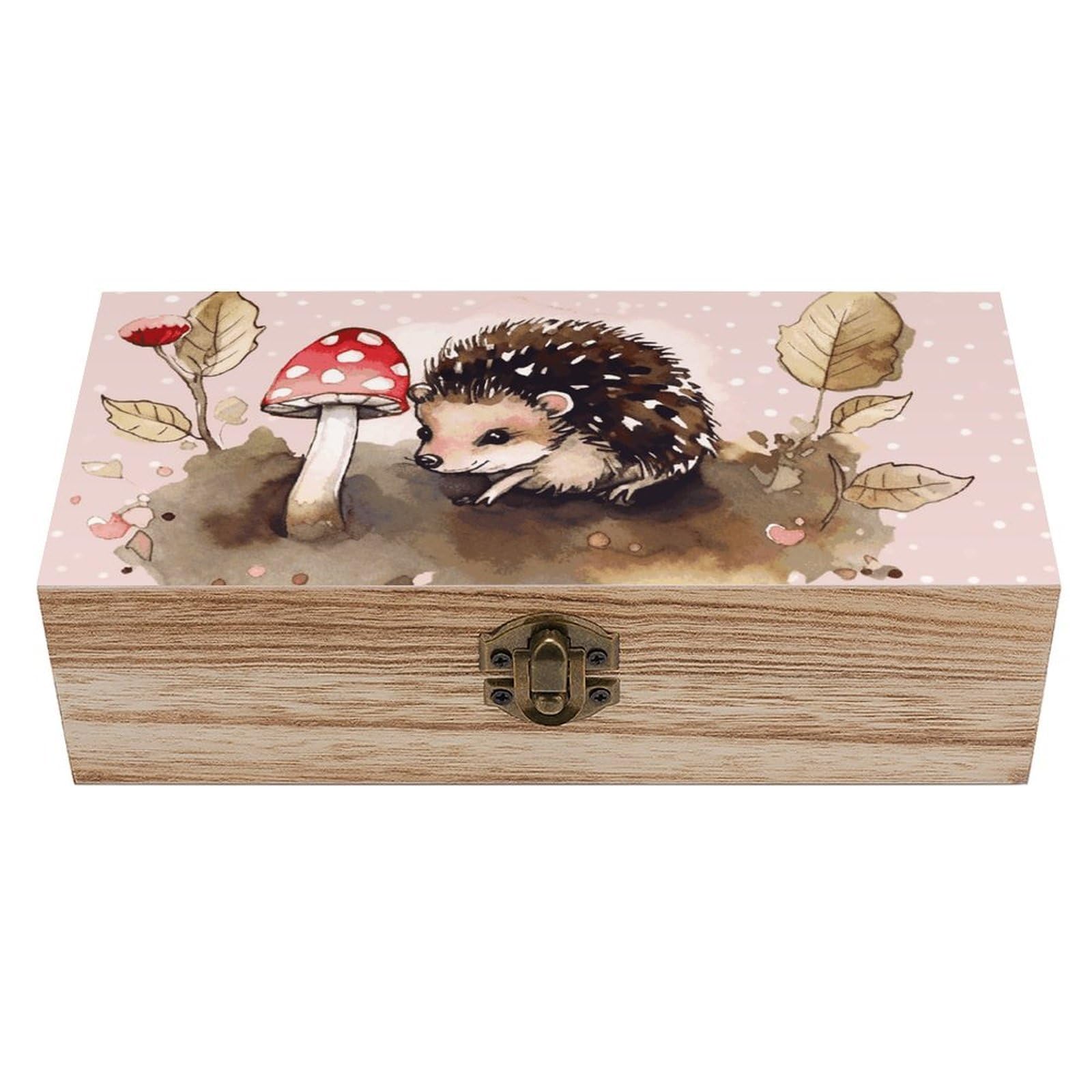 Hedgehog Watercolor Painting Wooden Storage Box Exquisite Durable Wood Gift Case Sturdy Vintage Jewelry Wooden Chest for Art Hobbies Storage Keepsake Gift