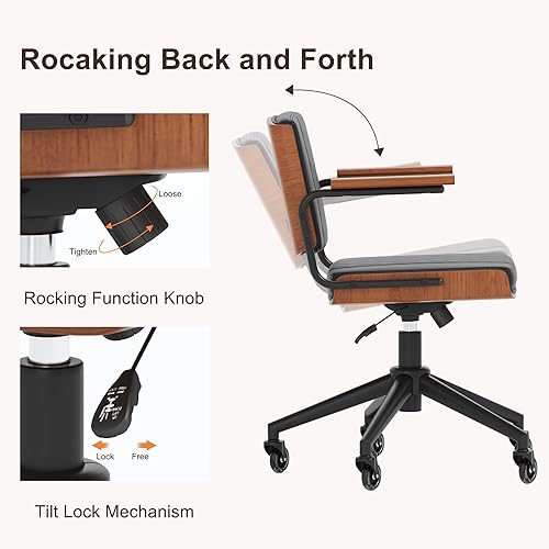Miniatura 7 de Silla de oficina ergonómica con ruedas de goma y brazos de nogal, silla de escritorio de piel sintética, altura ajustable, respaldo de madera