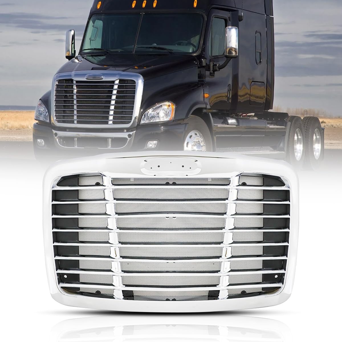 Photo 1 of Front Grill Compatible with 2008-2017 Freightliner Cascadia Chrome Bumper Upper Grille Plastic W/Bug Screen Painted