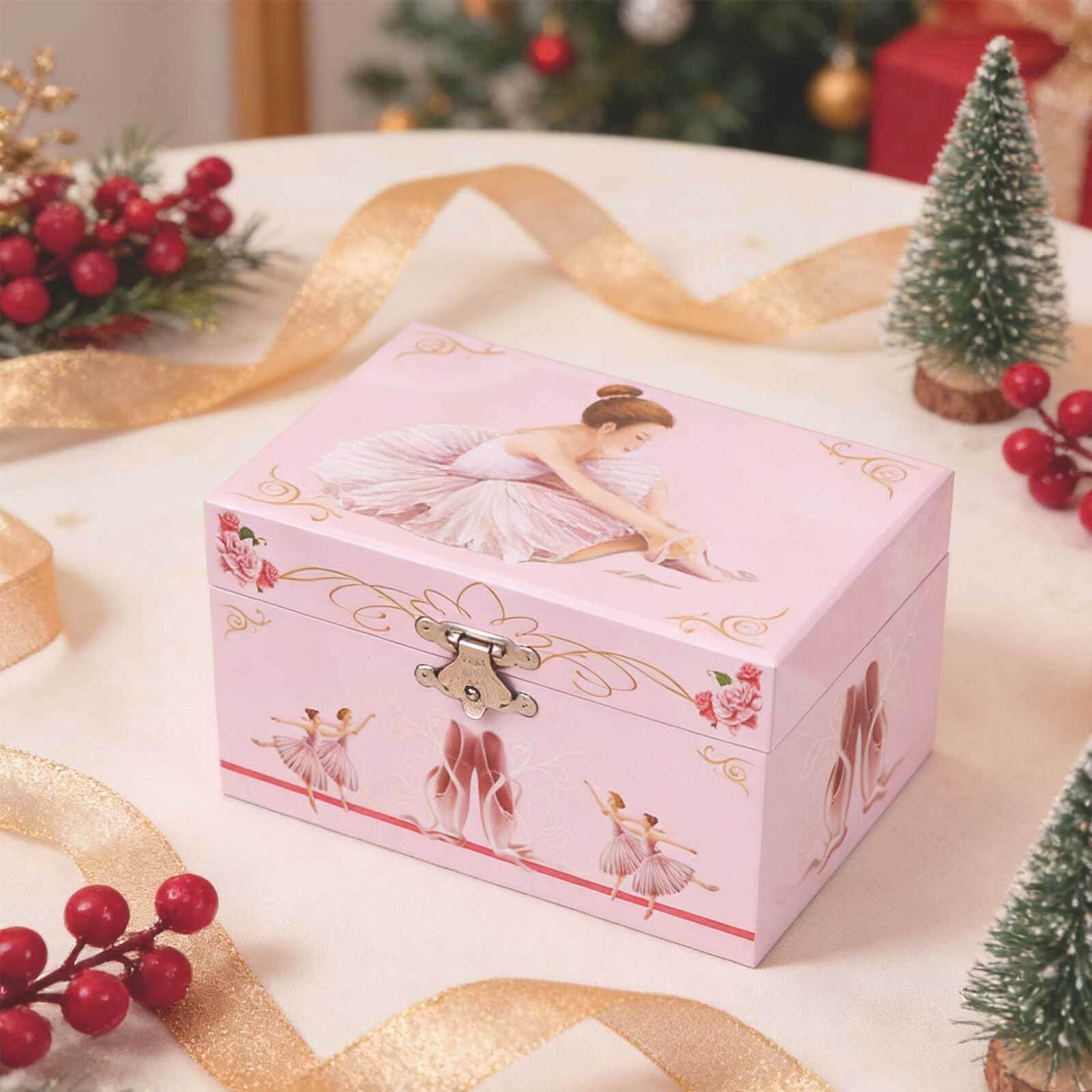Joyero Musical Rosa con Compartimentos para Almacenamiento de Joyas con Bailarina Giratoria de Ballet Caja de Música Pequeña para Niñas y Decoración Infantil