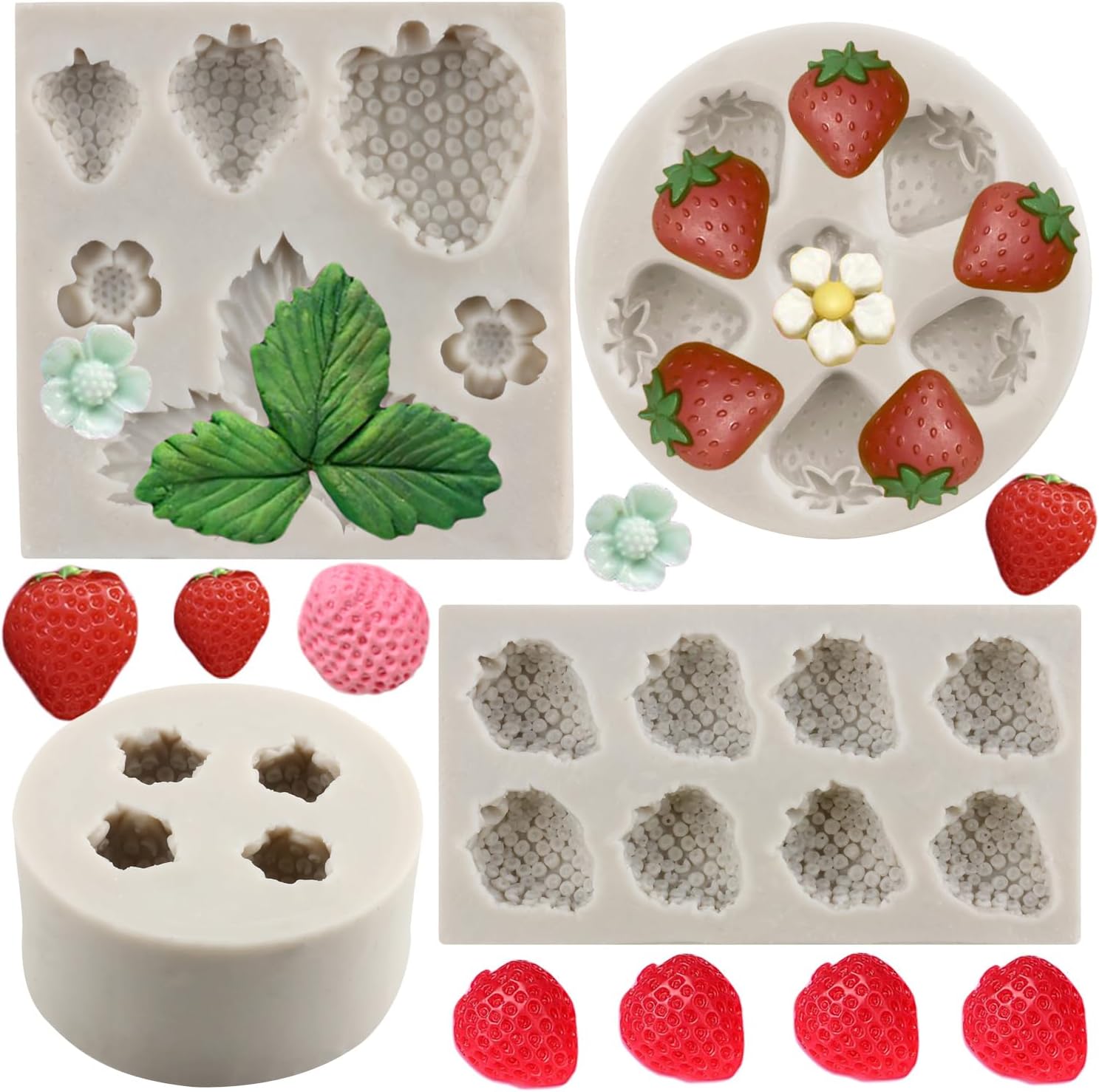 Strawberry Silicone Molds - Set of 4: Strawberry Flowers, Fondant, Chocolate, Candy Molds - Food Grade, Reusable, Oven, Microwave, Dishwasher Safe