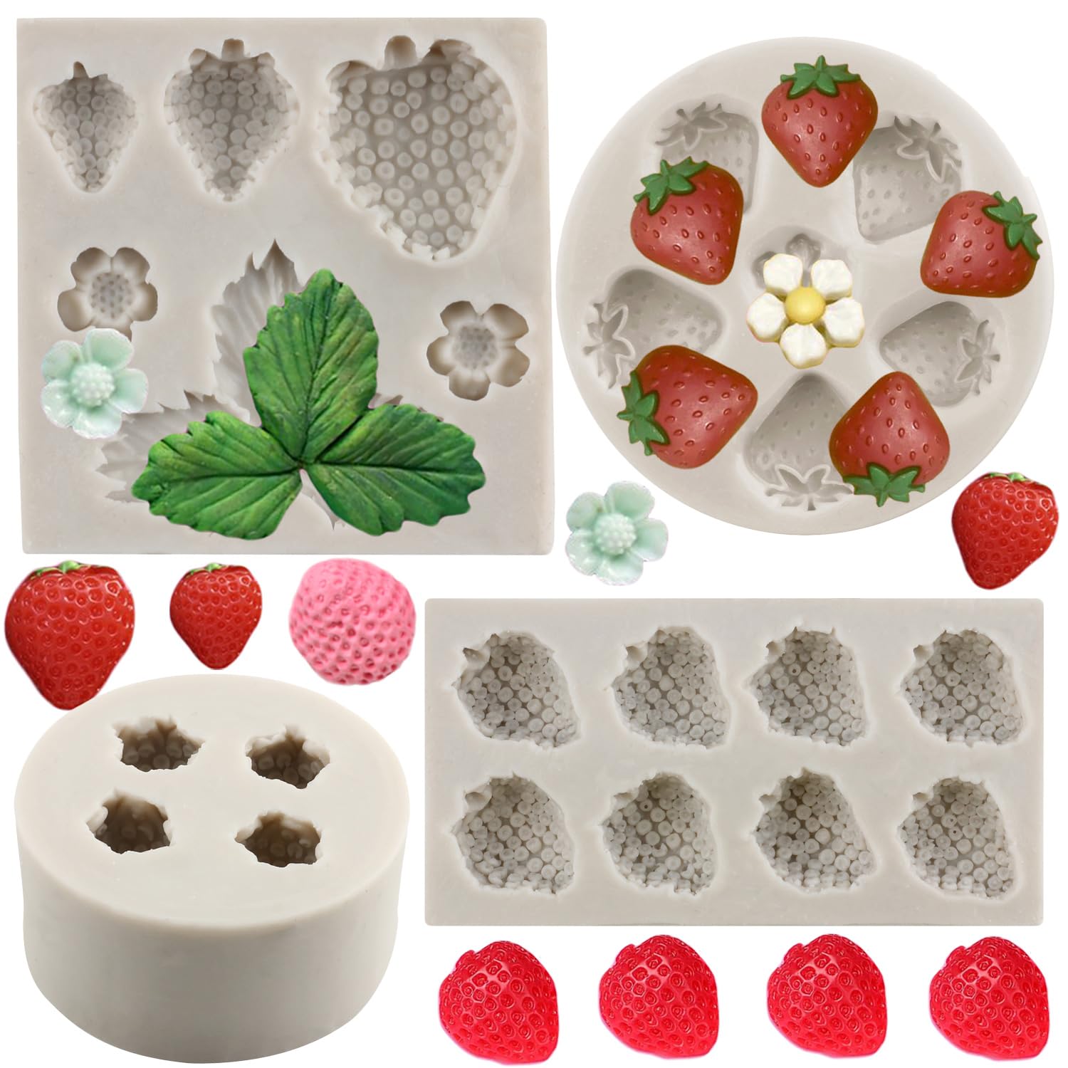 Strawberry Silicone Molds - Set of 4: Strawberry Flowers, Fondant, Chocolate, Candy Molds - Food Grade, Reusable, Oven, Microwave, Dishwasher Safe